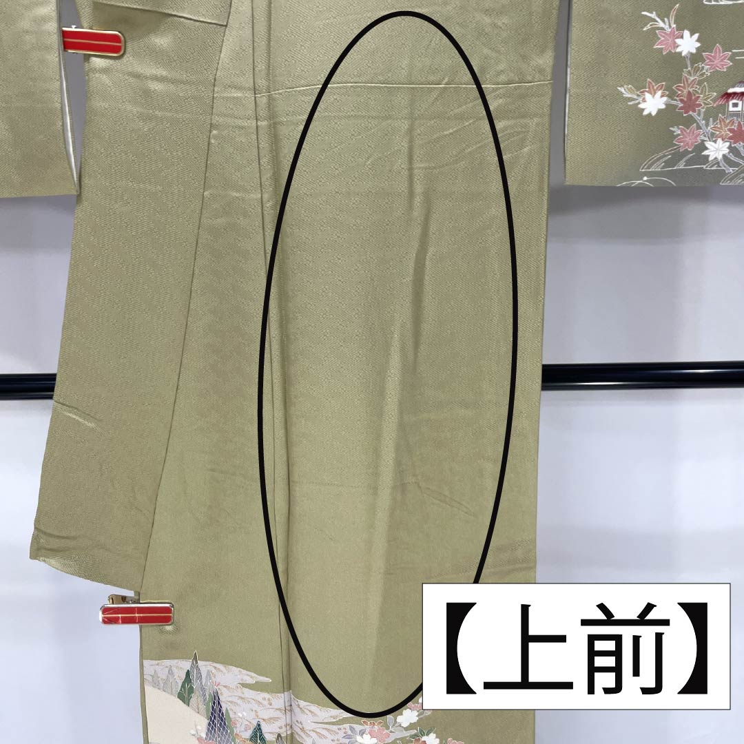 訪問着 正絹 Aランク 袷 身丈171.5cm 裄丈69cm 玉子鼠色(たまごねずいろ) 京友禅 網干 風景模様 黄系 1112006093623