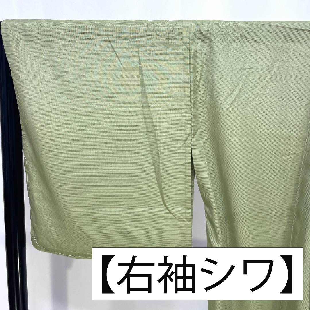 夏物 ポリエステル 色無地 Sランク 身丈165cm 裄丈67cm 薄緑色(うすみどりいろ) 洗える着物 素無地 絽 緑系 1132004122519