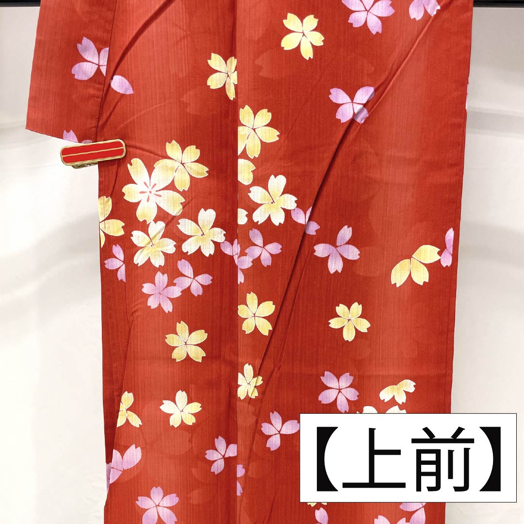 Cotton Yukata, Length 162cm, Sleeve Length 67.5cm, S Rank, Single Layer, Vermilion, Cinnabar, Cherry Blossom Design, 1118006512416