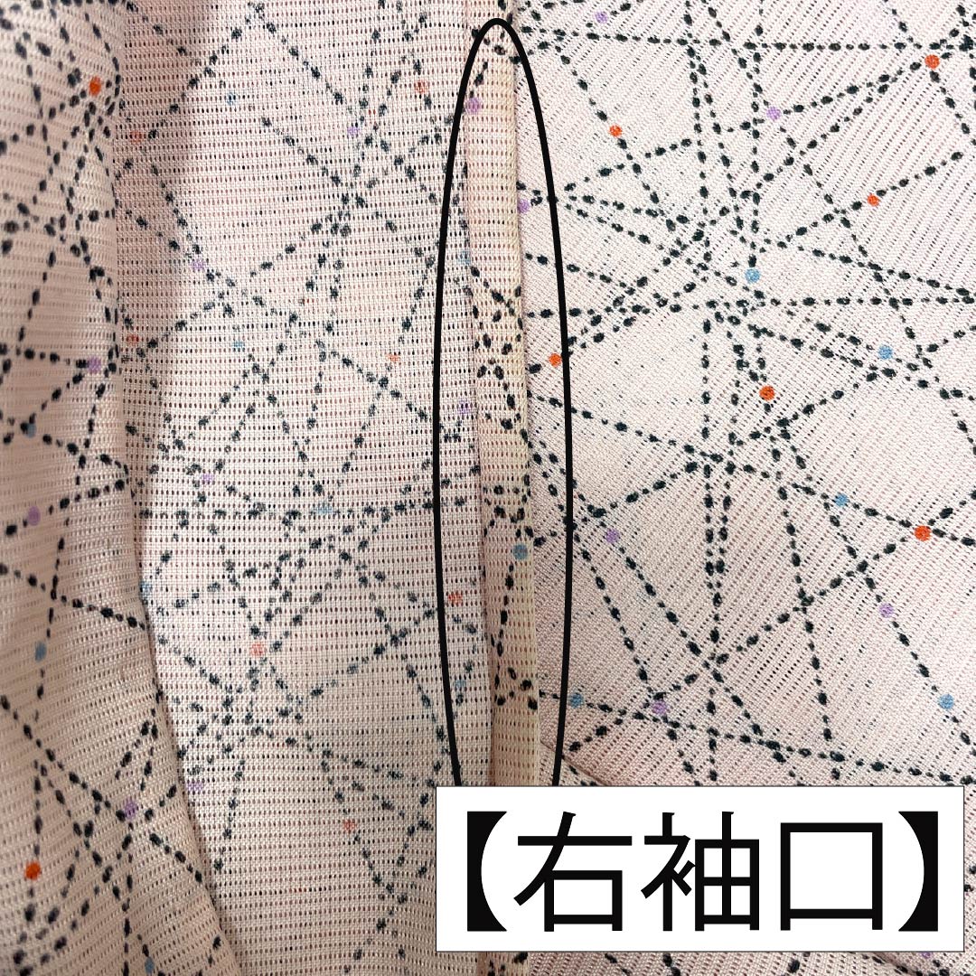 夏物 ポリエステル 小紋 身丈159.5cm 裄丈64cm 曙色(あけぼのいろ) 点 線 洗える着物 絽 Bランク ピンク系 1132002464313