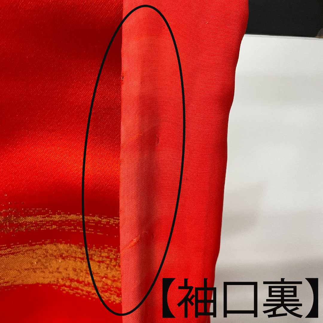 色打掛 身丈185cm 緋色 刺繡 花車 鶴 正絹 Bランク 袷 朱系 1110000264916