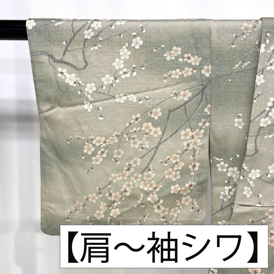 小紋 ポリエステル Sランク 身丈161cm 裄丈66cm 単衣 遠州鼠色(えんしゅうねずいろ) 型染 ぼかし染 桜 洗える着物 ベージュ系 1115007802425
