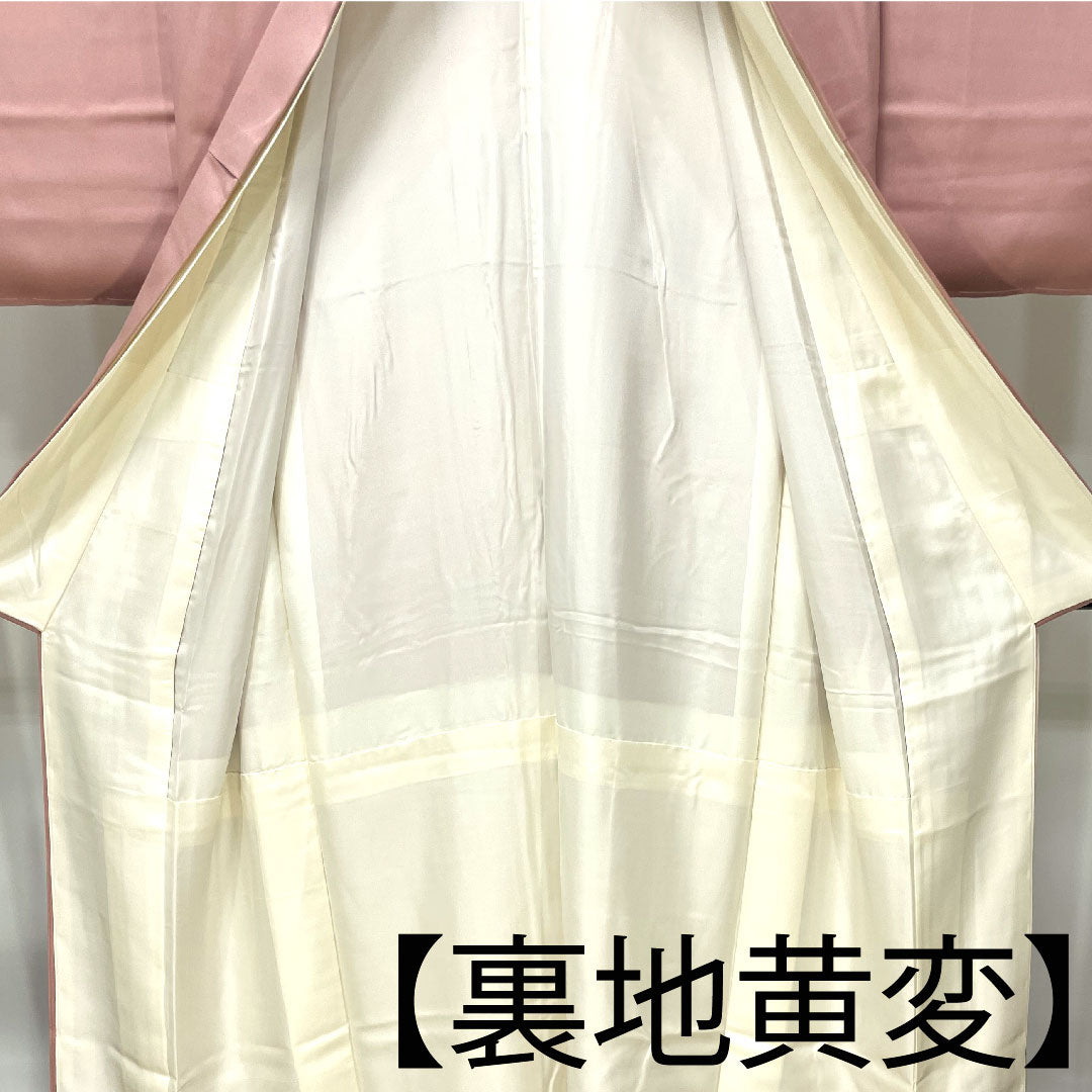 色留袖 正絹 身丈154.5cm 裄丈62.5cm 袷 退紅色(あらそめいろ) 京友禅 鶴 三つ紋 違い鷹の羽 Sランク 三つ紋 ピンク系 1111001232213