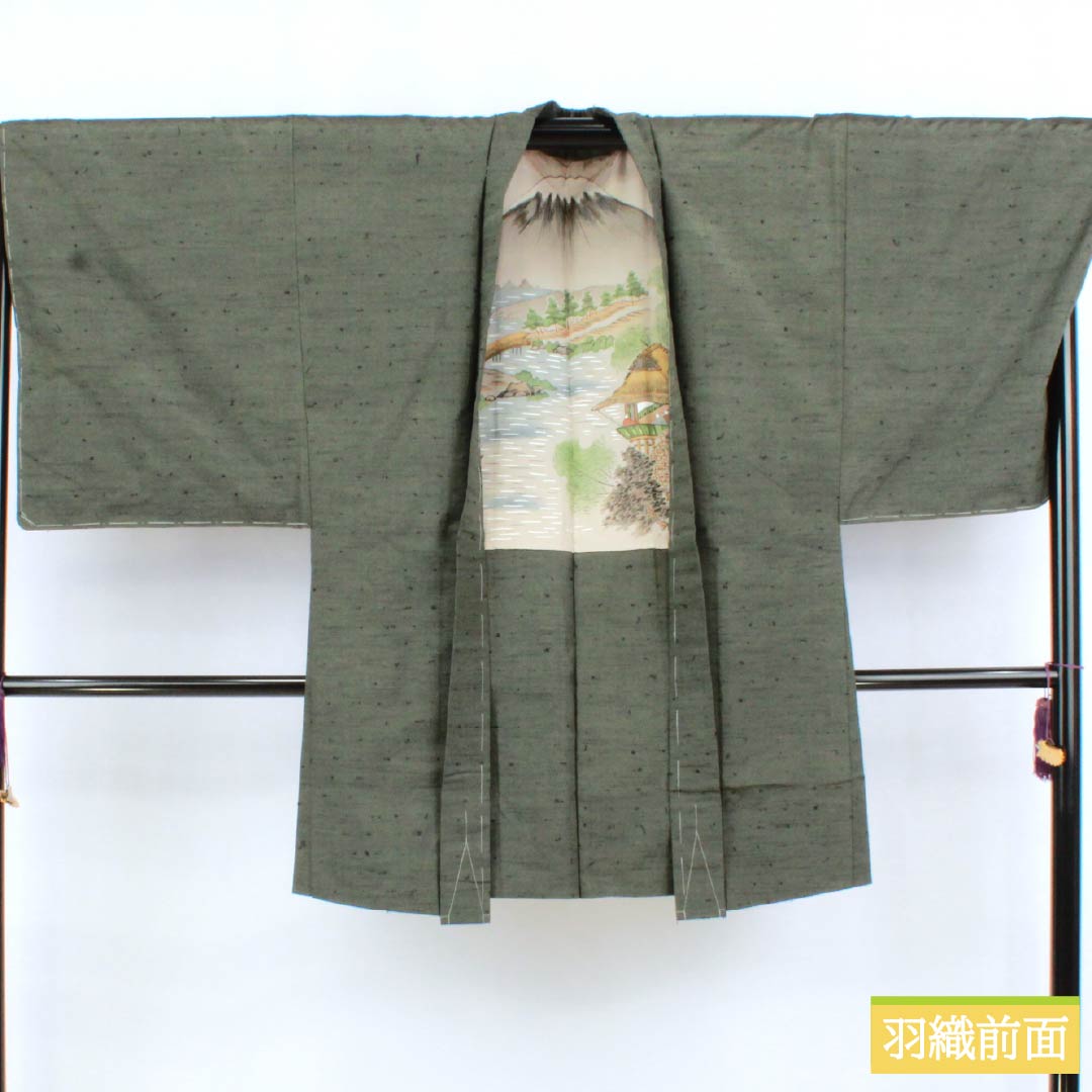 男物 正絹 Sランク 身丈142cm 裄丈71cm 鈍色(にびいろ) ひげ紬 しつけ糸付き アンサンブル 袷 緑系 1119001062419