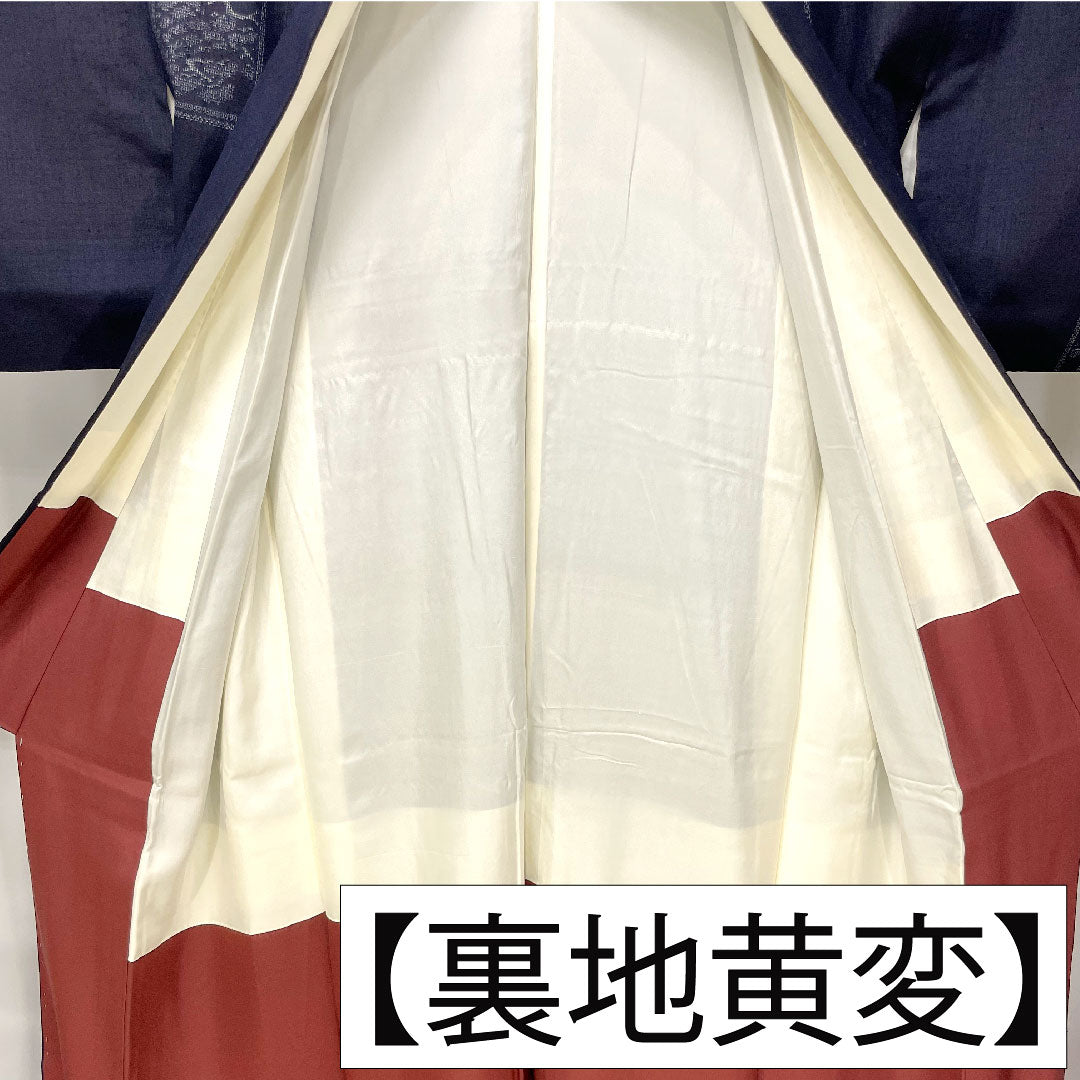 Tsumugi, pure silk, length 157.5cm, sleeve length 62cm, dark blue, authentic Yuki Tsumugi, important intangible cultural property, 100 tortoiseshell pattern, A rank, lined, navy blue, 1116003513318