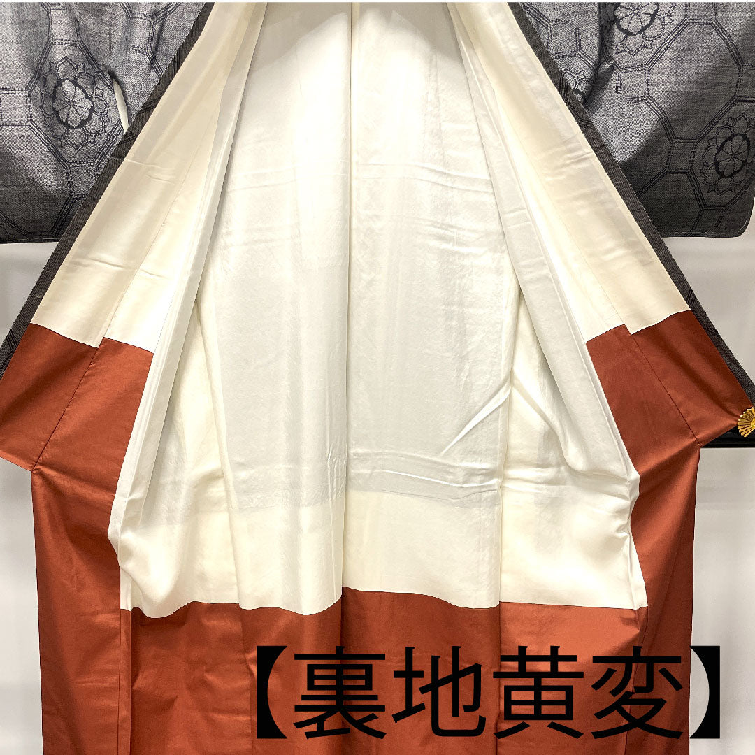 紬 身丈159cm 裄丈63.5cm 亀甲 華文 正絹 Aランク 袷 黒系 1116002373310
