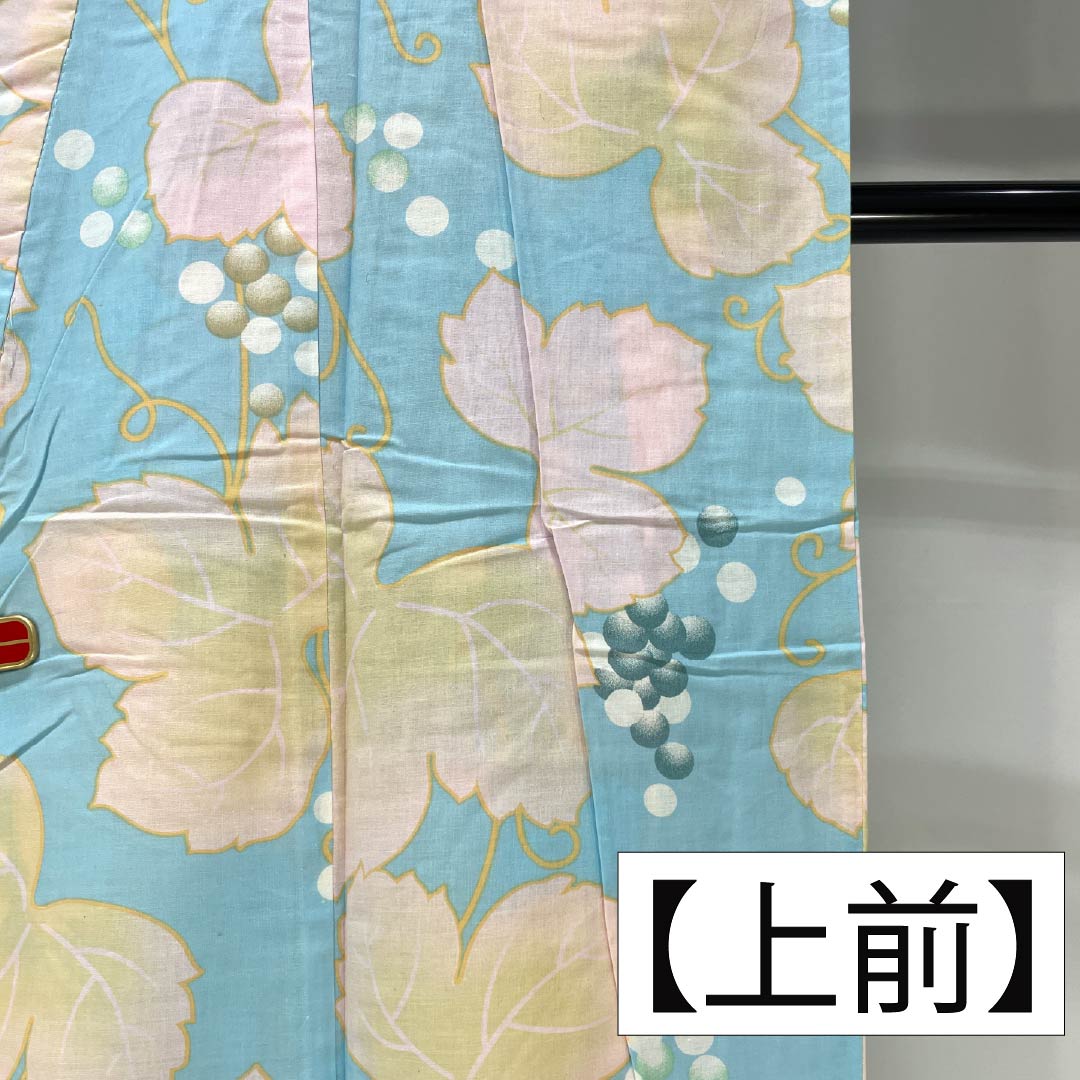 Cotton Yukata, Length 166cm, Sleeve Length 64cm, A Rank, Single Layer, Light Blue, Grape and Ivy Pattern, Product Number: 1118006503524