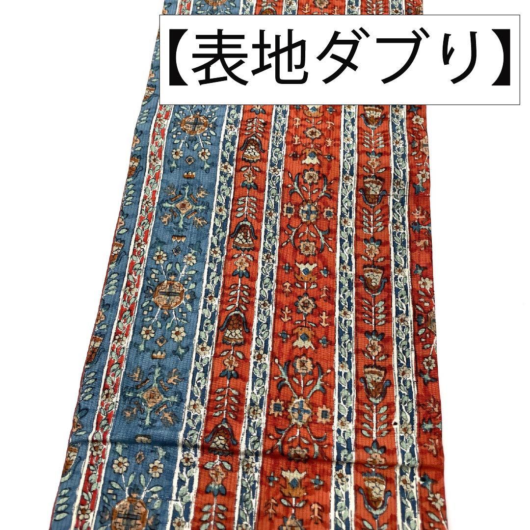 半幅帯 正絹 Aランク 牛血紅色(ぎゅうけつこういろ) 更紗 染帯 帯丈368cm 朱系 1125002853316