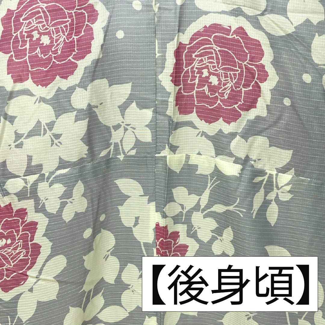(Brand new, unused) Yukata (casual kimono) made of polyester, length 162.5cm, sleeve length 66.5cm, new rank, single layer, grayish-gray, light ink color (usuzumiiro), floral print, buttons, product number 1118005701422