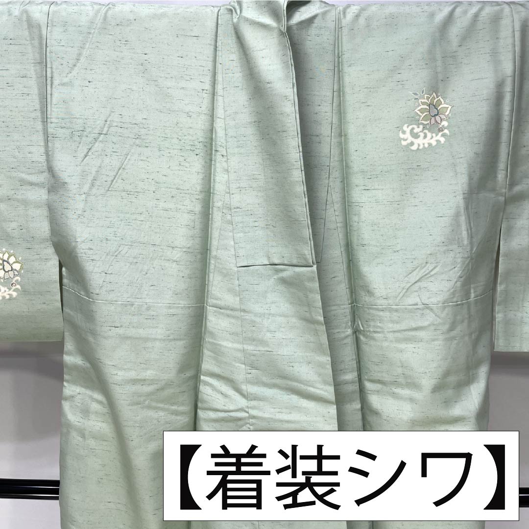 訪問着 正絹 Aランク 袷 身丈155cm 裄丈61cm 薄緑色(うすみどりいろ) 牛首紬 一つ紋 中陰蔦 草花 緑系 1112007533319