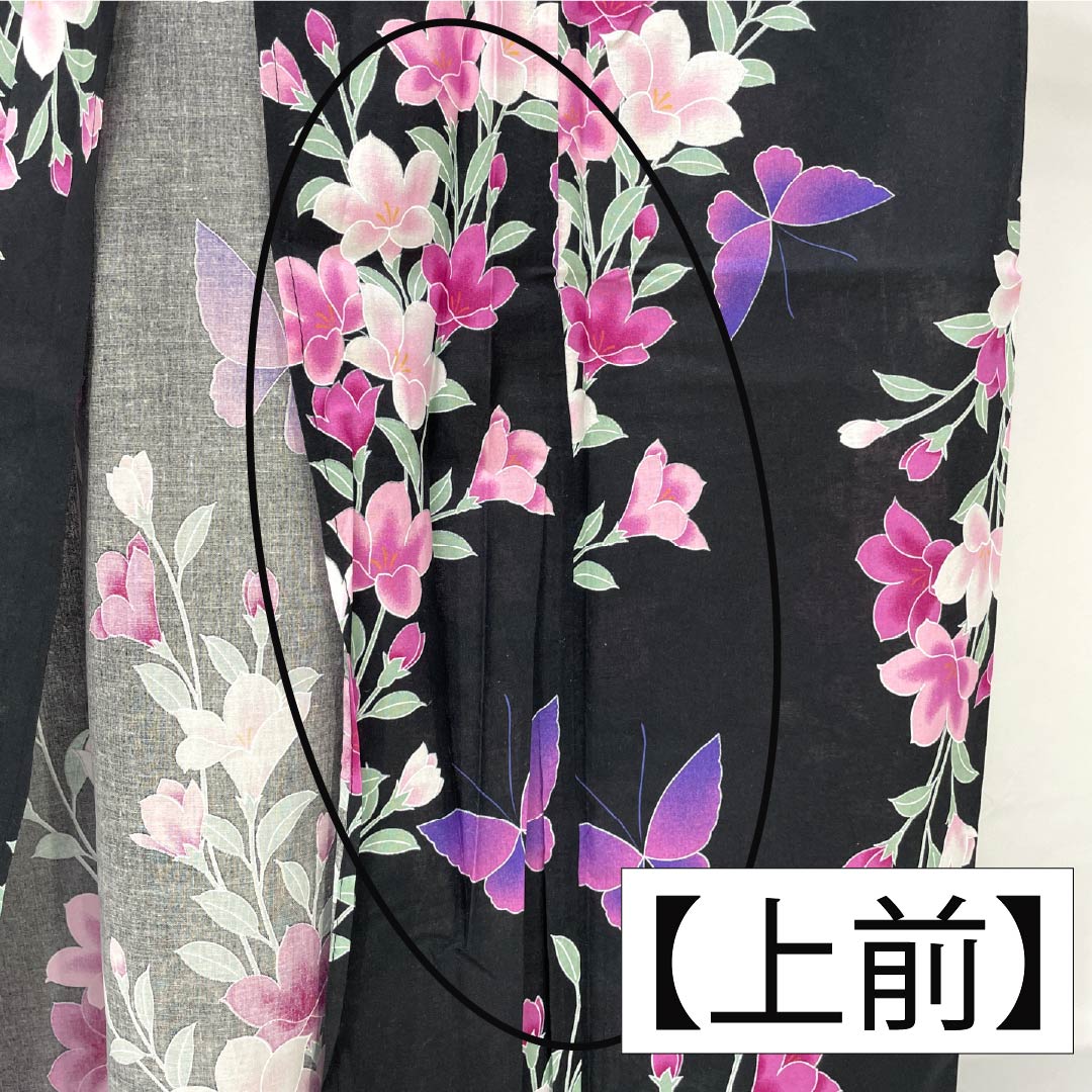 Cotton Yukata, Length 163cm, Sleeve Length 64cm, S Rank, Single Layer, Black, Iron Wire, Butterfly Design, 1118006082410