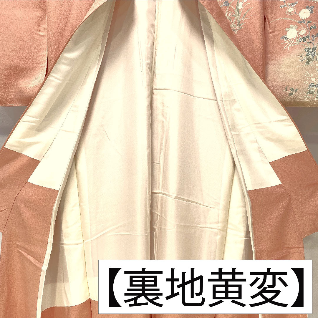 Homongi, pure silk, lined, length 162cm, sleeve length 64cm, Shinonome-iro, Kyoto Yuzen, floral pattern, with basting thread, S rank, pink, 1112005692413
