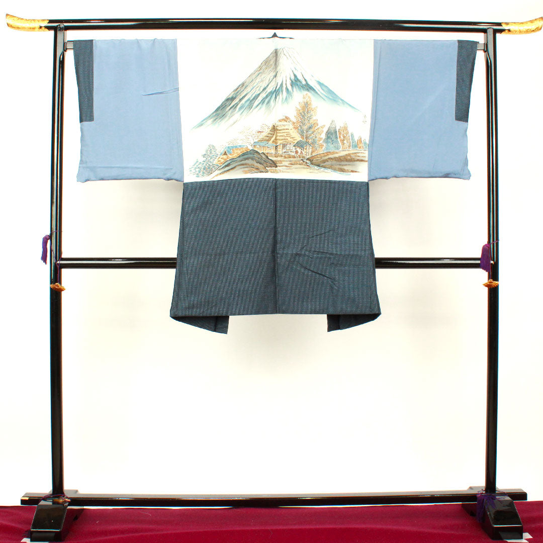 Men's Length 142.5cm Sleeve length 66.5cm Oshima Tsumugi ensemble Warp and weft ikat Pure silk S rank Awase Navy blue 1119000482418