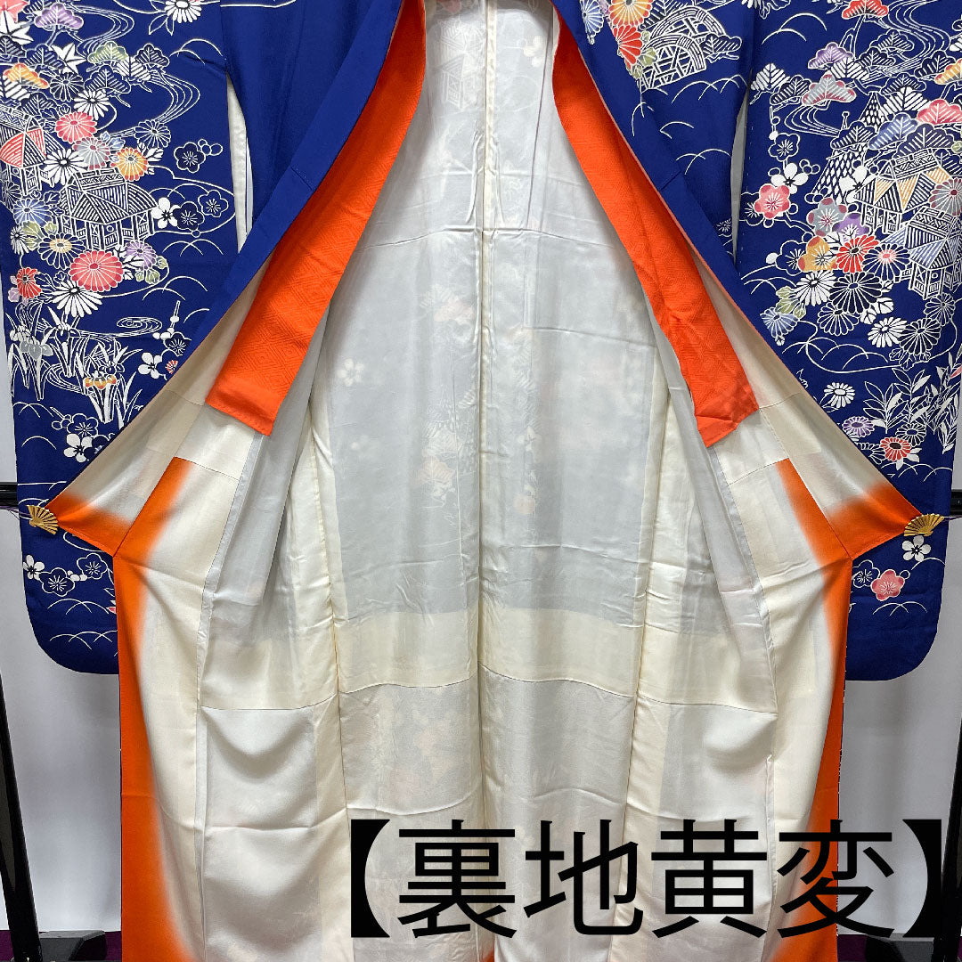 振袖 身丈161.5cm 裄丈64cm 袷 紺桔梗色 京紅型 松竹梅 菊 葵 正絹 Aランク 紺系 1113001593418