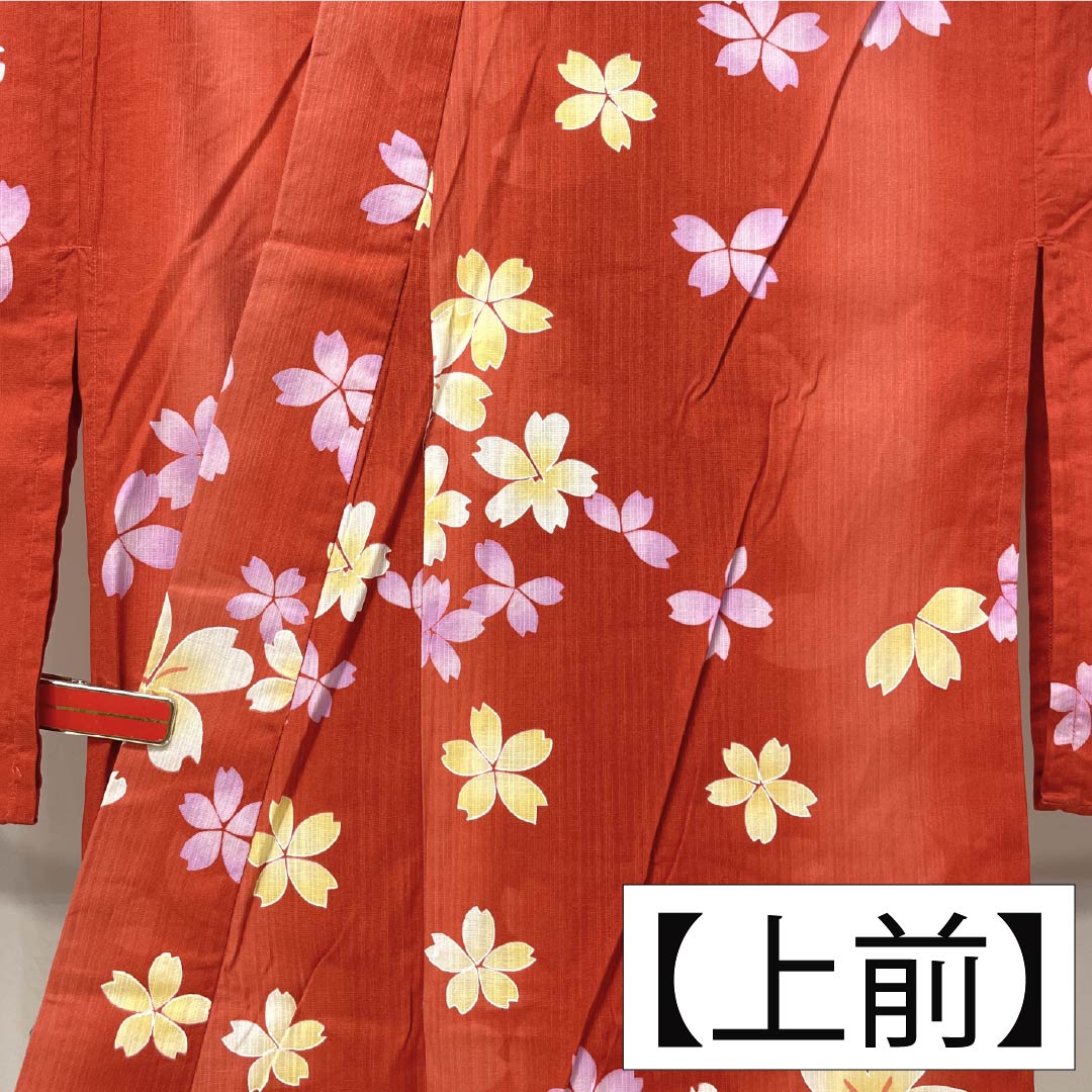 Cotton Yukata, Length 162cm, Sleeve Length 67.5cm, S Rank, Single Layer, Vermilion, Cinnabar, Cherry Blossom Design, 1118006512416