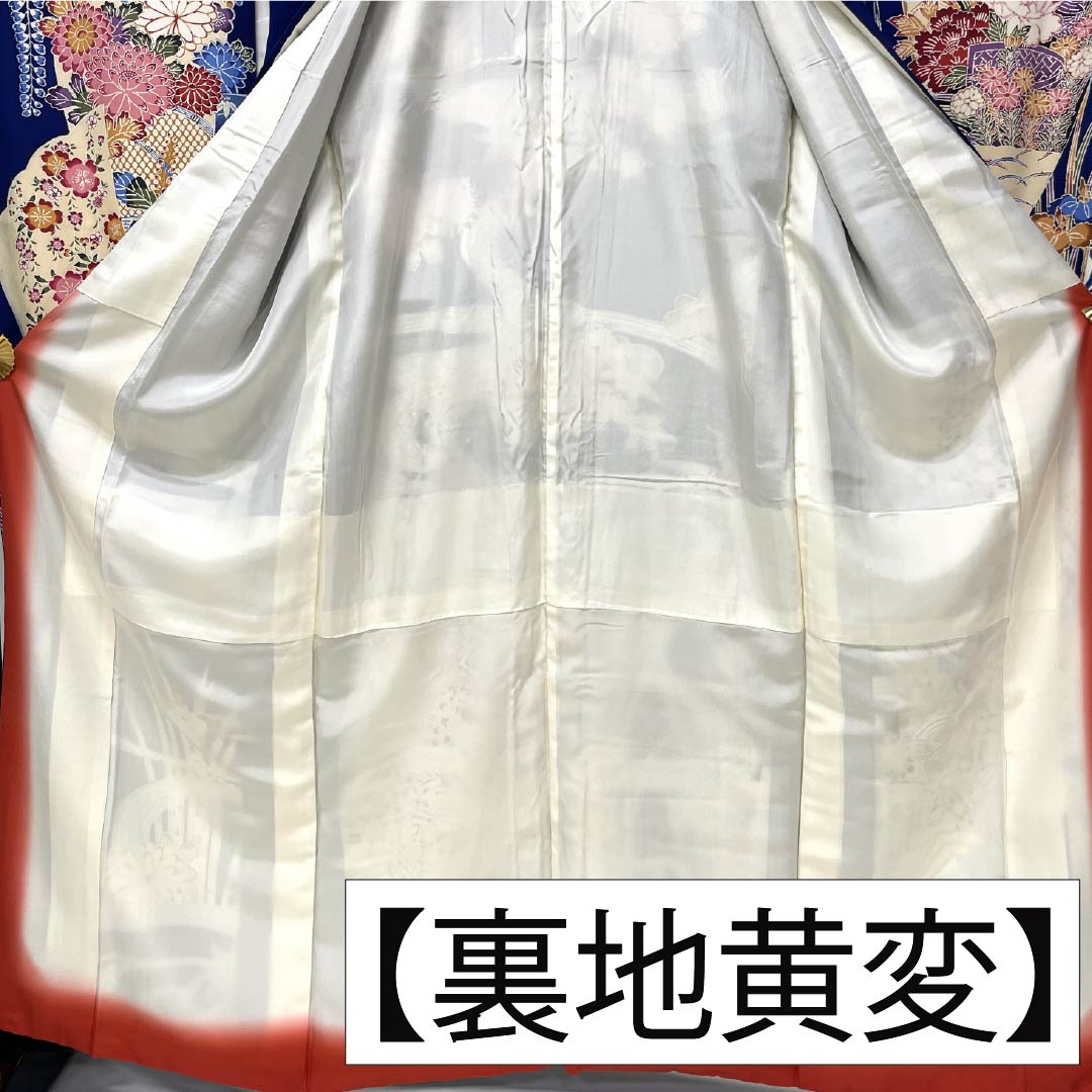 振袖 正絹 Sランク 身丈163cm 裄丈66cm 袷 紺色(こんいろ) 型染 吉祥文様 流水 松 藤 紺系 1113002532418