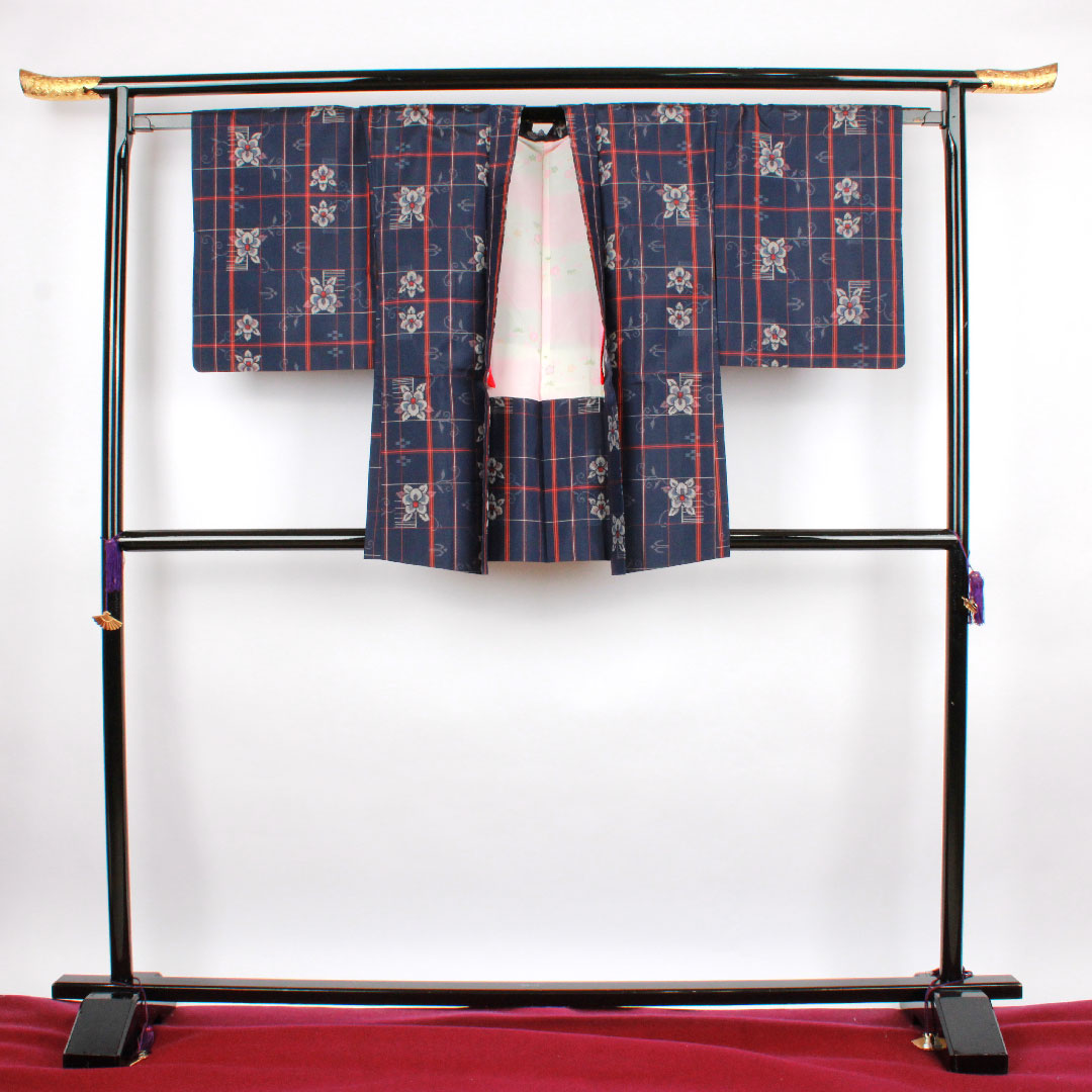 Murayama Oshima Length 160cm Sleeve length 64.5cm Ensemble Lattice Flower pattern Pure silk S rank Awase Navy 1116001932418