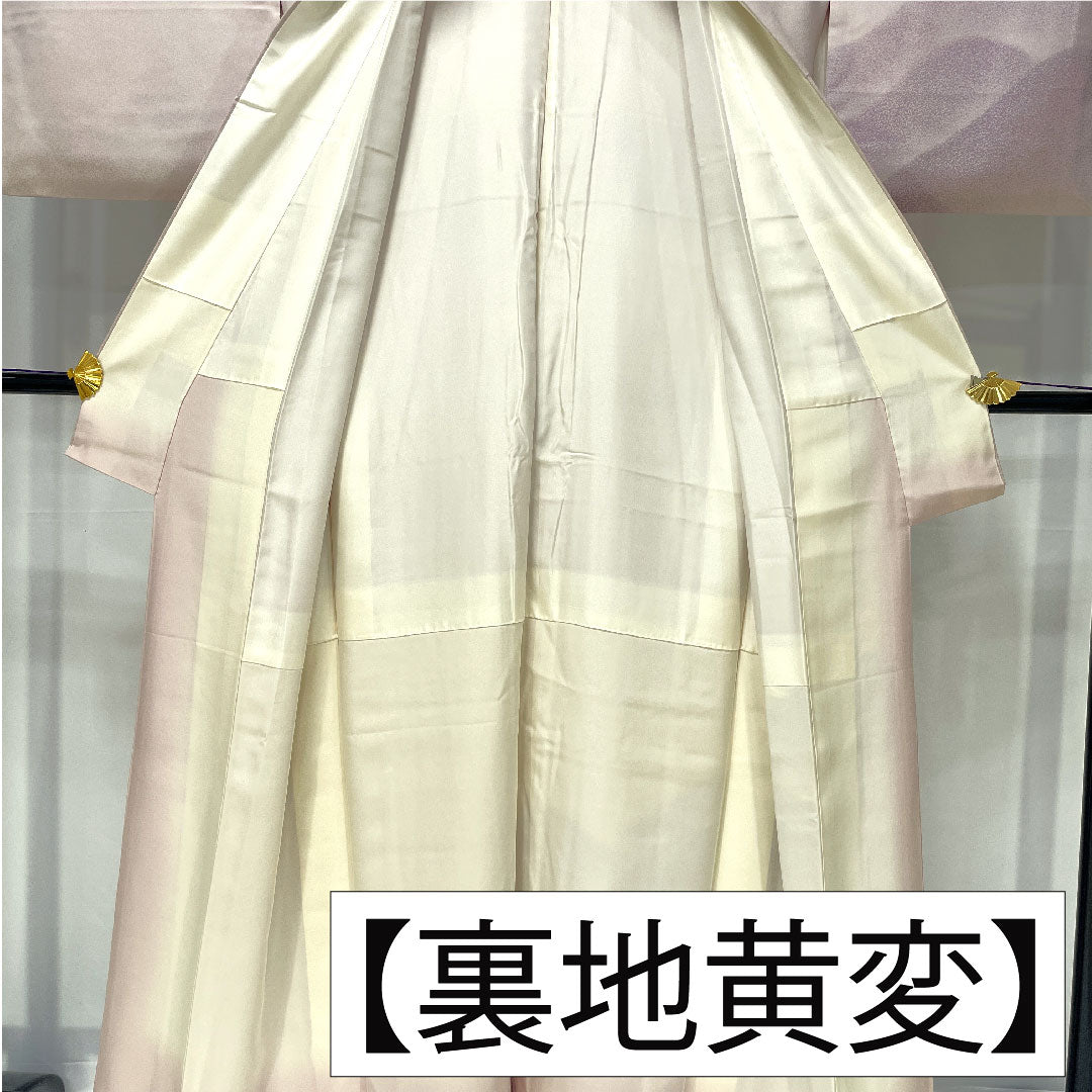 Homongi, pure silk, lined, length 157cm, sleeve length 63cm, cherry blossom color, Kyo-Yuzen, crane, A rank, purple, 1112005523320