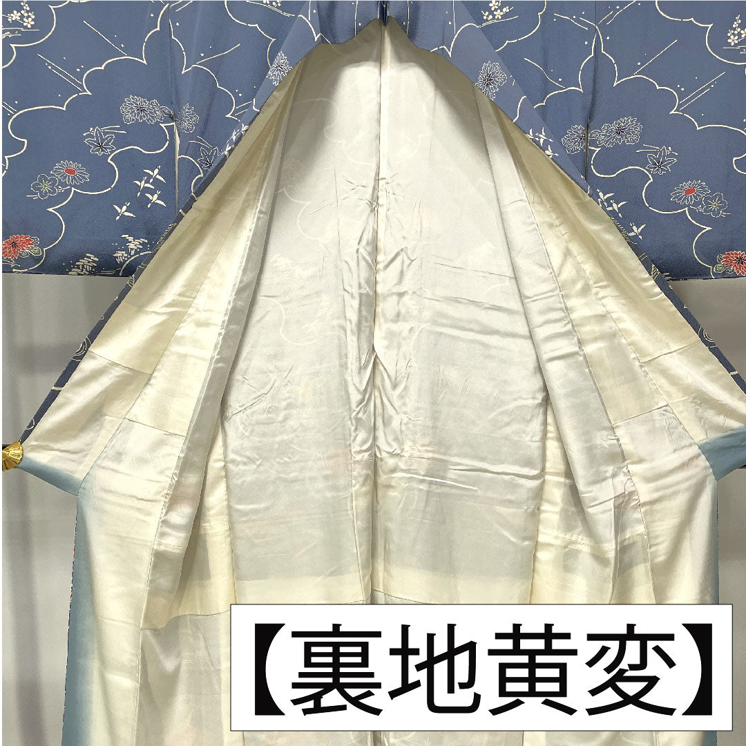 Homongi (formal kimono) made of pure silk, lined, length 157.5cm, sleeve length 64cm, Minato gray, Kyoto Bingata, aboshi pattern, floral pattern, A rank, blue, 1112004883317