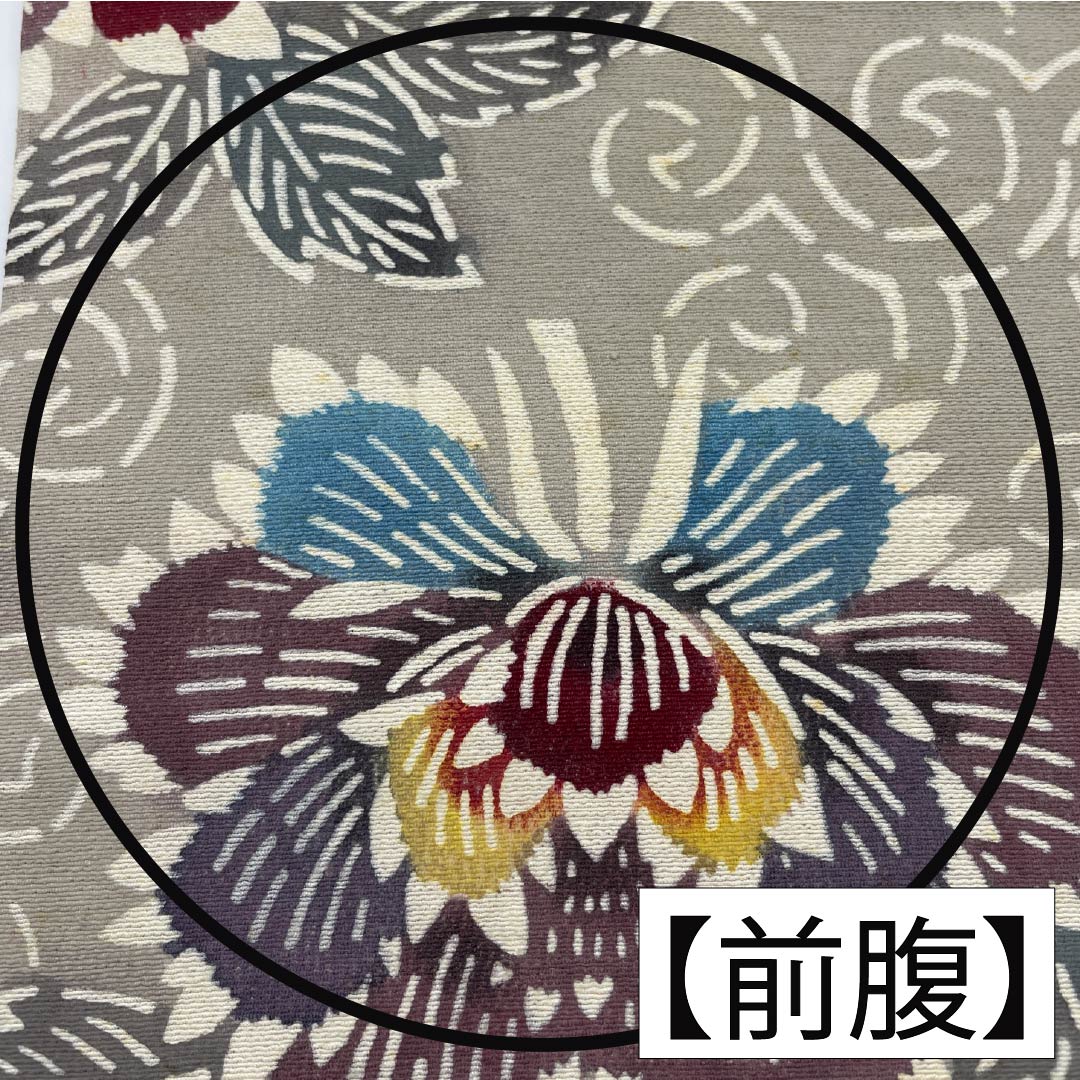 Nagoya Obi, Pure Silk, Grade B, Silk Gray, Bingata-style Stencil Dyeing, Peony Design, Length 347cm, Six-fold, Casual, Gray, Product Number 1124010484322, Nagoya Style