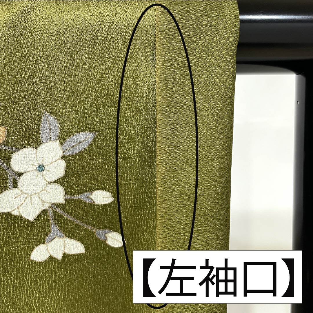 Homongi (visiting kimono) made of pure silk, grade A, with a lined lining, length 162cm, sleeve length 60.5cm, in majestic brown (Ikou Chairo) with Kyoto Yuzen motifs and floral and green motifs. Product number: 1112007593419