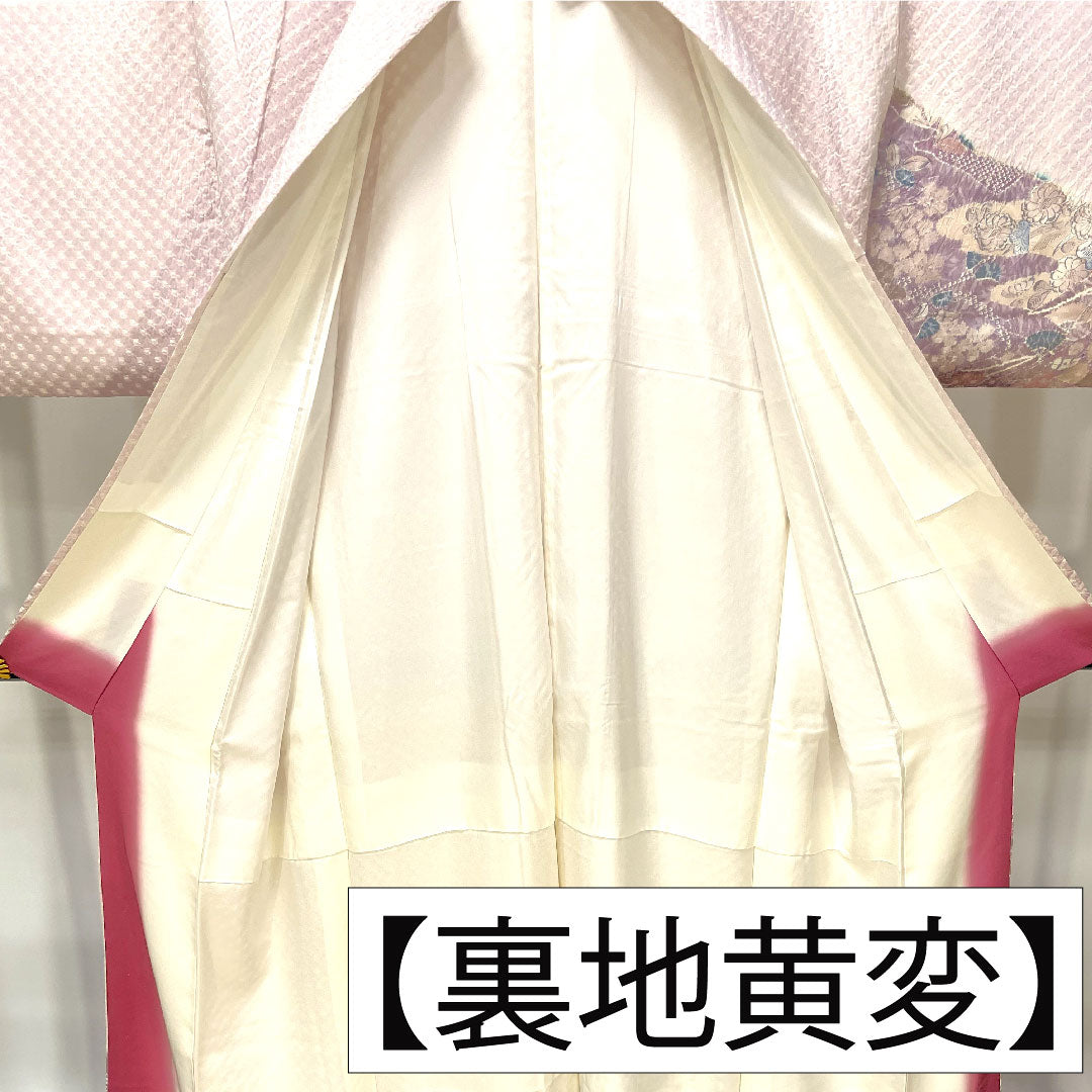 Homongi, pure silk, lined, length 159.5cm, sleeve length 63cm, cherry blossom color, tie-dye, Tsujigahana, A rank, purple, 1112004113320