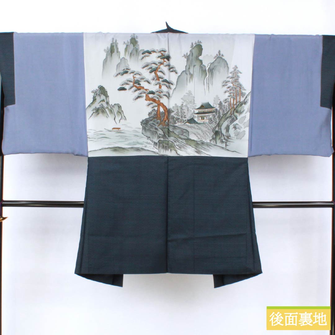 男物 正絹 Sランク 身丈141.5cm 裄丈67cm 濃紺色(のうこんいろ) 大島紬 100亀甲 アンサンブル 袷 紺系 1119001342418