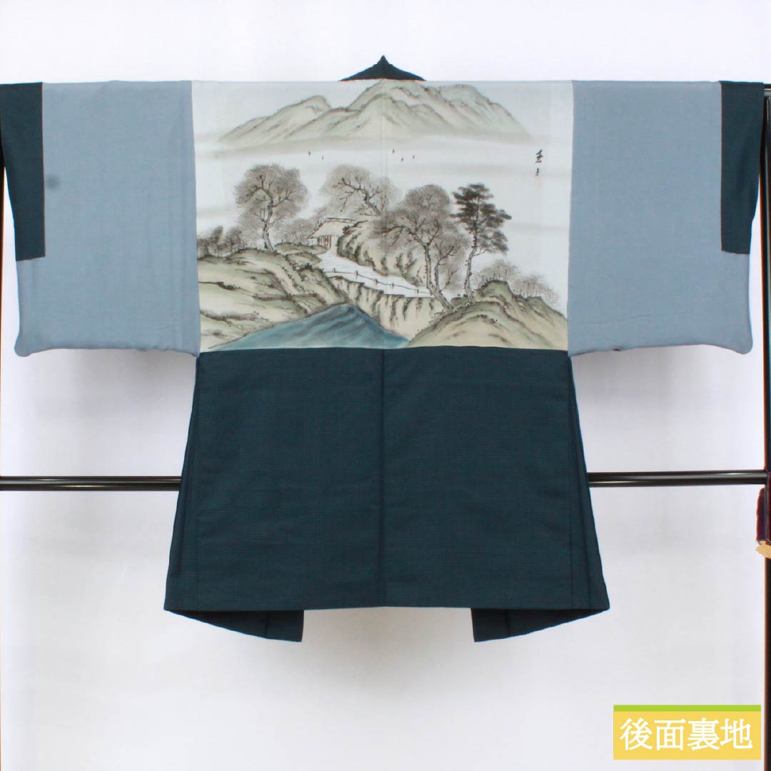 Men's pure silk S-rank kimono, length 139.5cm, sleeve length 64cm, Berlin blue (Berence blue) geometric pattern ensemble, with haori cord, lined, blue, 1119001302317