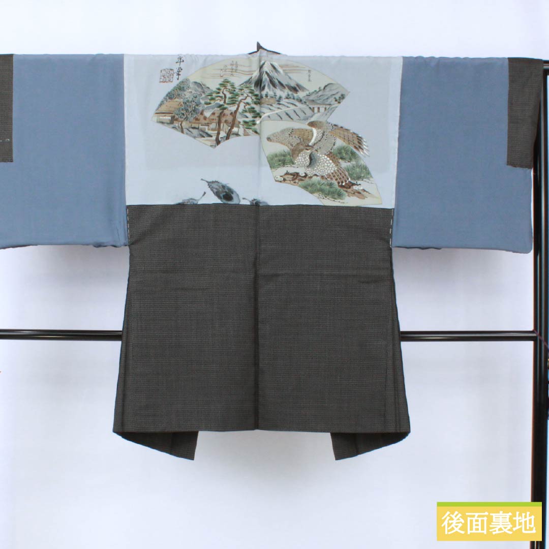 男物 正絹 Bランク 身丈139cm 裄丈68.5cm 小絣 亀甲 アンサンブル 袷 黒系 1119001424310
