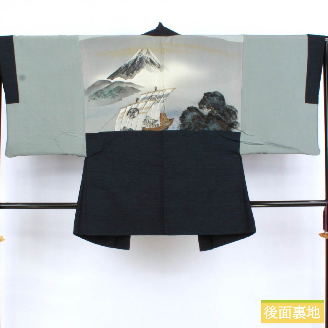 男物 正絹 Sランク 身丈127cm 裄丈64cm 相済茶色(あいすみちゃいろ) 紬地 アンサンブル 羽織紐付き 袷 紺系 1119001322218