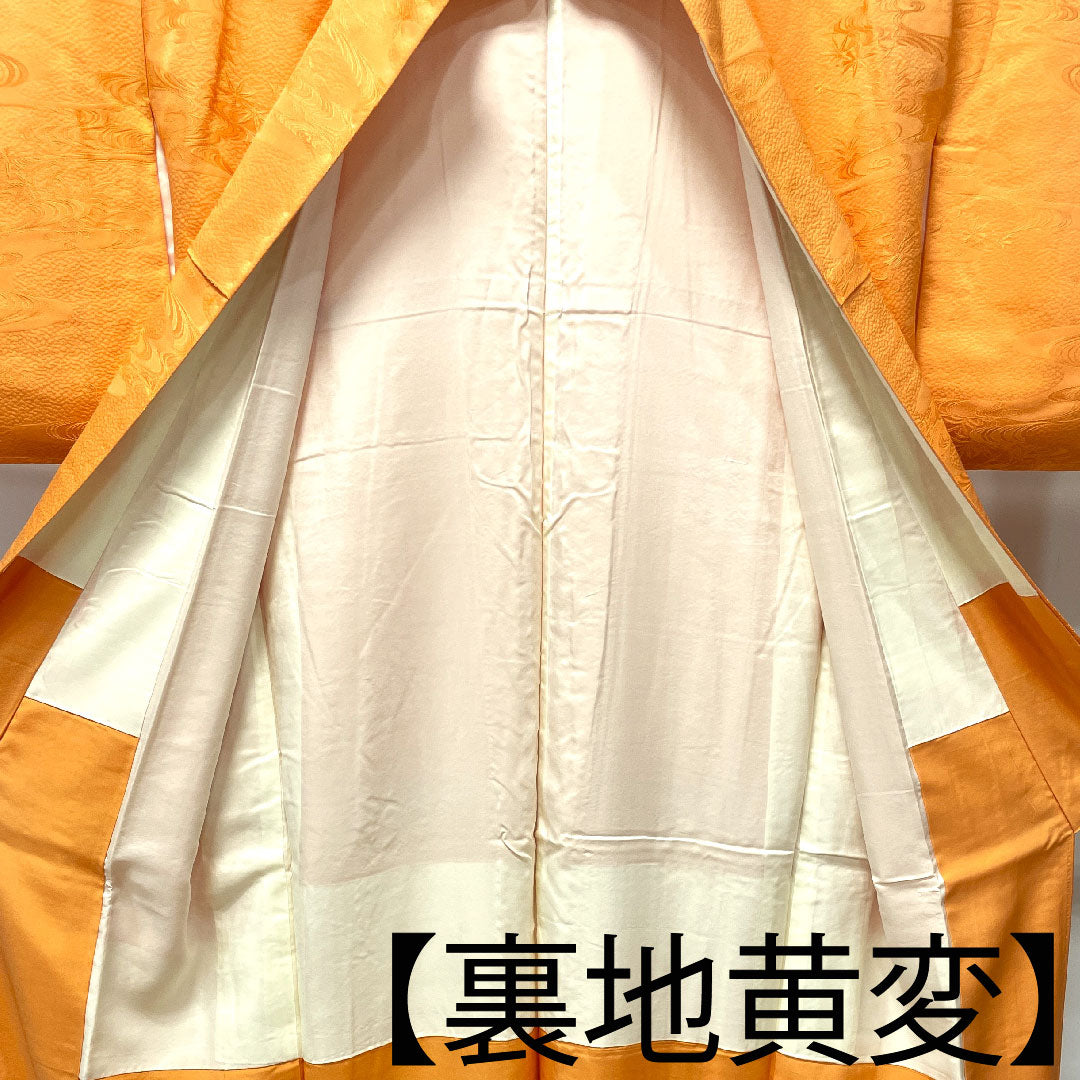 色無地 正絹 赤支子色 流水 違い鷹の羽 身丈161.5cm 裄丈64.5cm 袷 Aランク 朱系 1114000823416