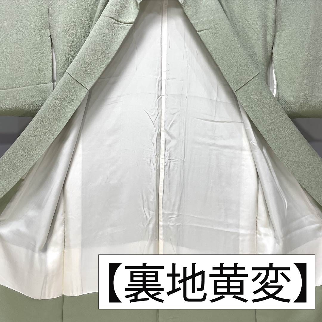 色無地 正絹 Aランク 身丈161.5cm 裄丈64cm 龍泉青瓷釉色(ロンチュエンチンツーユースーいろ) 一つ紋 細中陰五三桐 ちりめん 袷 緑系 1114002513419