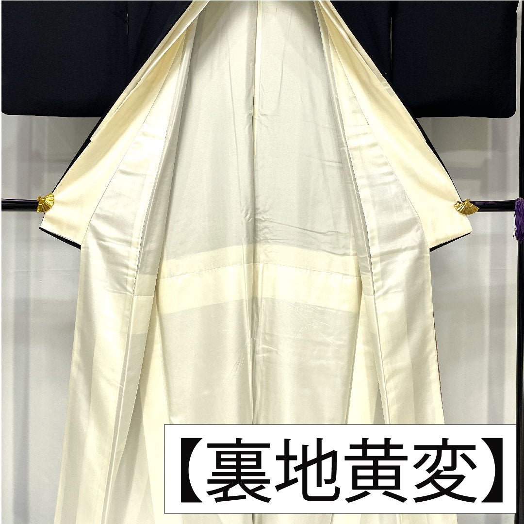 黒留袖 正絹 身丈150cm 裄丈64cm 袷 京友禅 几帳 流水 五つ紋 五三桐 Sランク 黒系 1111001742110