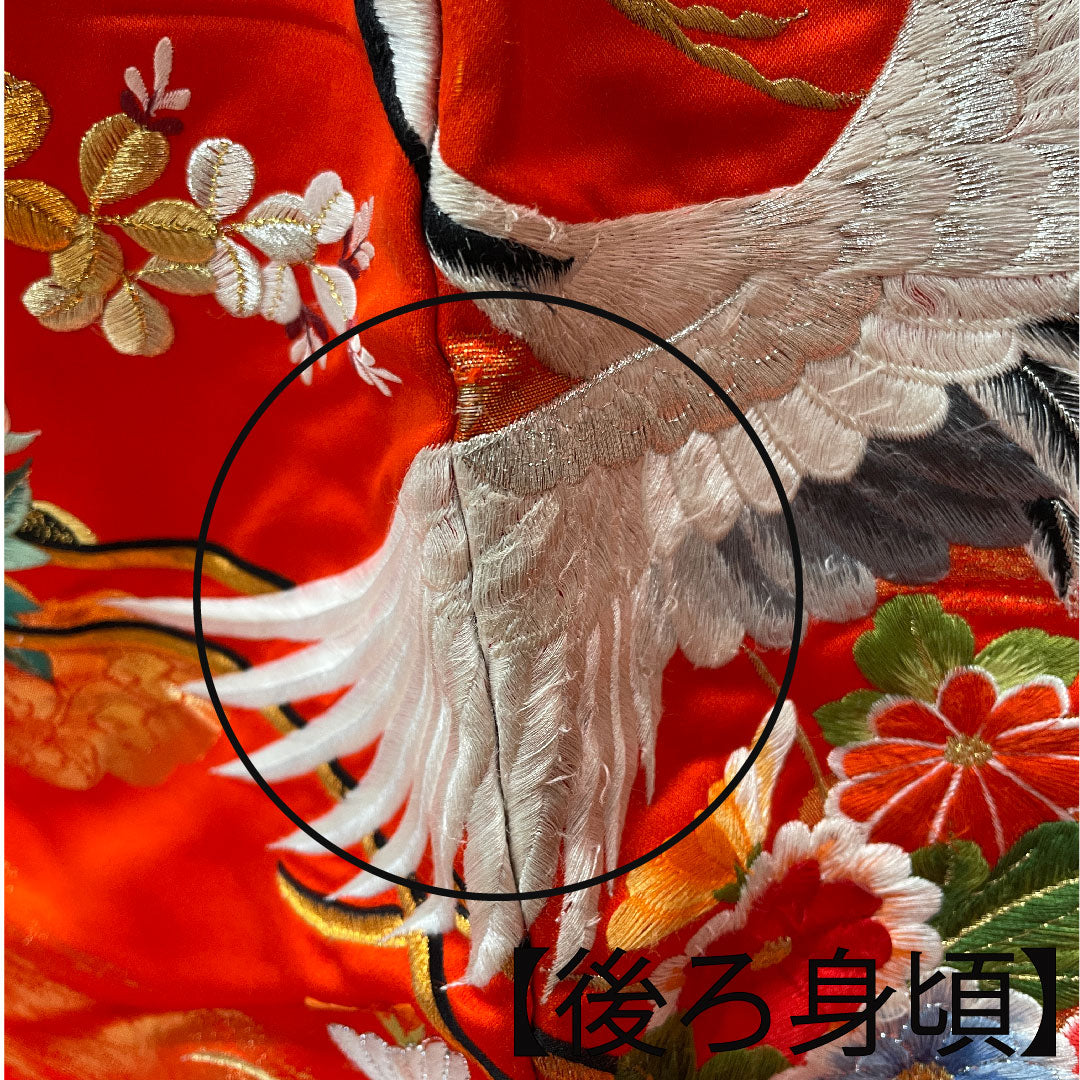 色打掛 身丈185cm 緋色 刺繡 花車 鶴 正絹 Bランク 袷 朱系 1110000264916