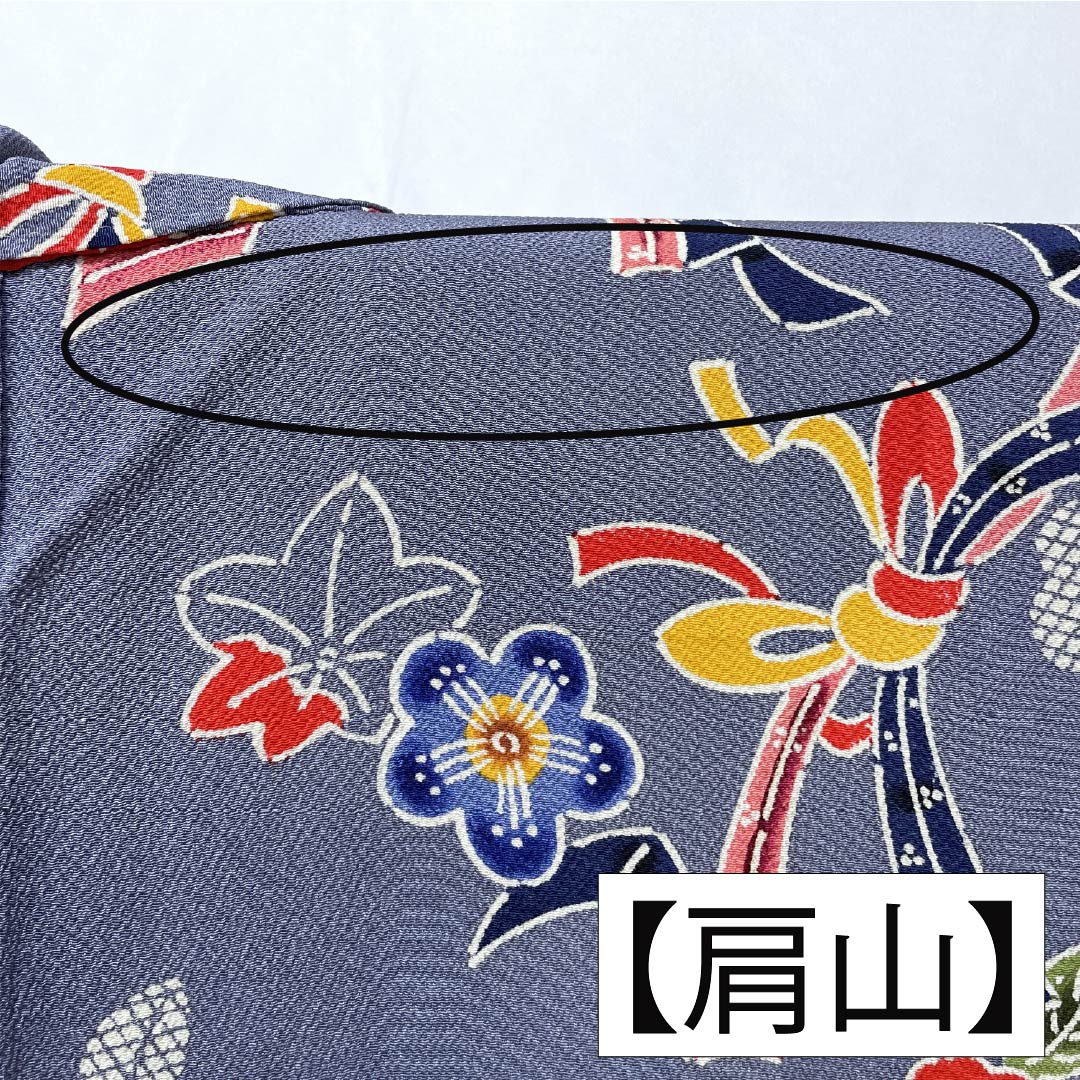 小紋 正絹 身丈152.5cm 裄丈62cm 袷 江戸納戸色(えどなんどいろ) 型染 紅型調 熨斗 椿 Bランク 青系 1115005604217