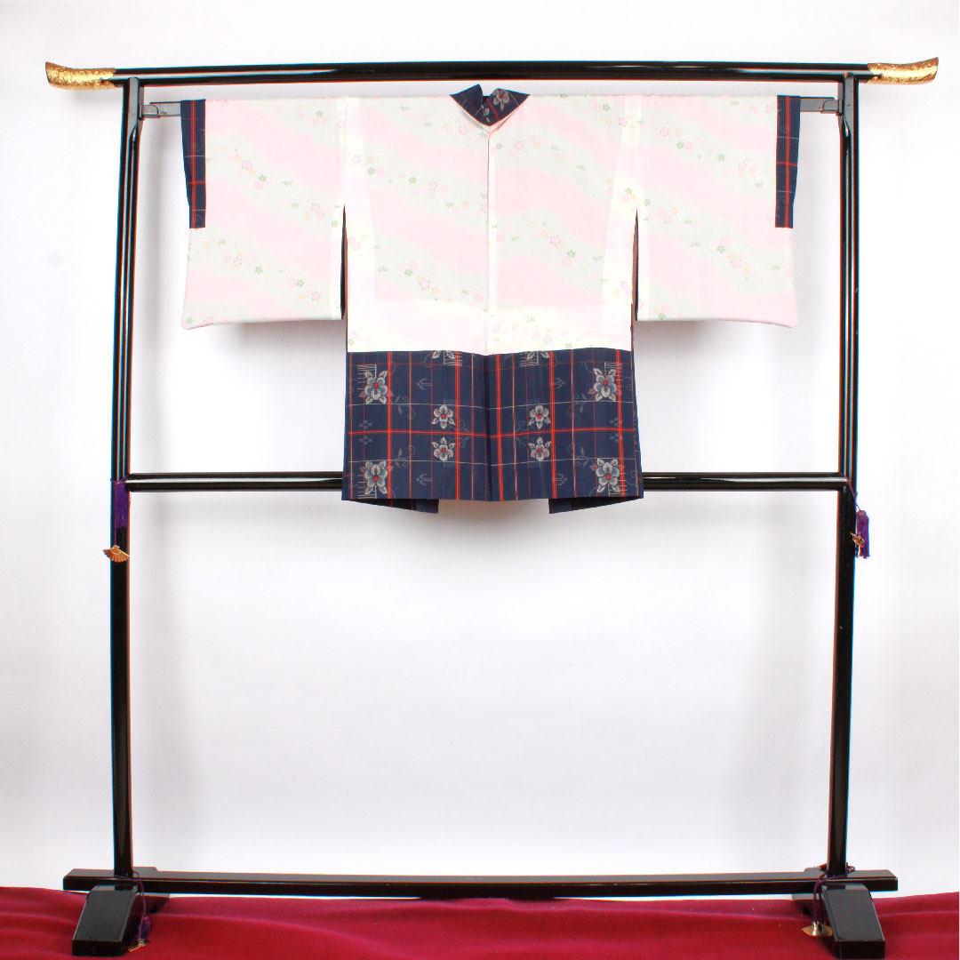 Murayama Oshima Length 160cm Sleeve length 64.5cm Ensemble Lattice Flower pattern Pure silk S rank Awase Navy 1116001932418