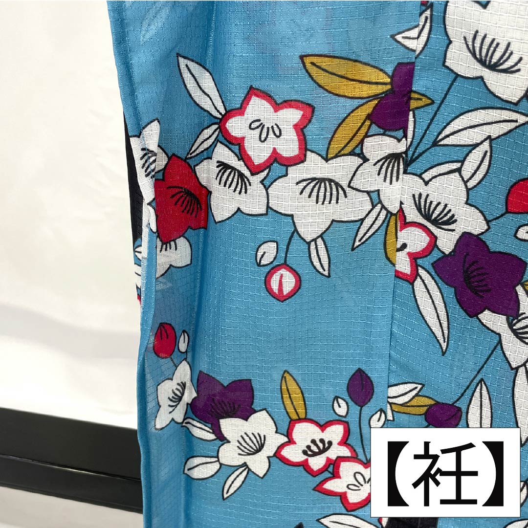 (新品未使用品) 浴衣 ポリエステル 身丈167cm 裄丈65cm NEWランク 単衣 青系 花浅葱色(はなあさぎいろ) 黒猫 桔梗 1118005731517