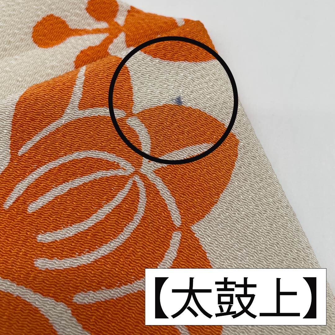 名古屋帯 胡粉色(ごふんいろ) 型染 ちりめん地 丸に紋 帯丈354cm 正絹 Aランク ポイント柄 カジュアル クリーム系 1124008163315 名古屋仕立て