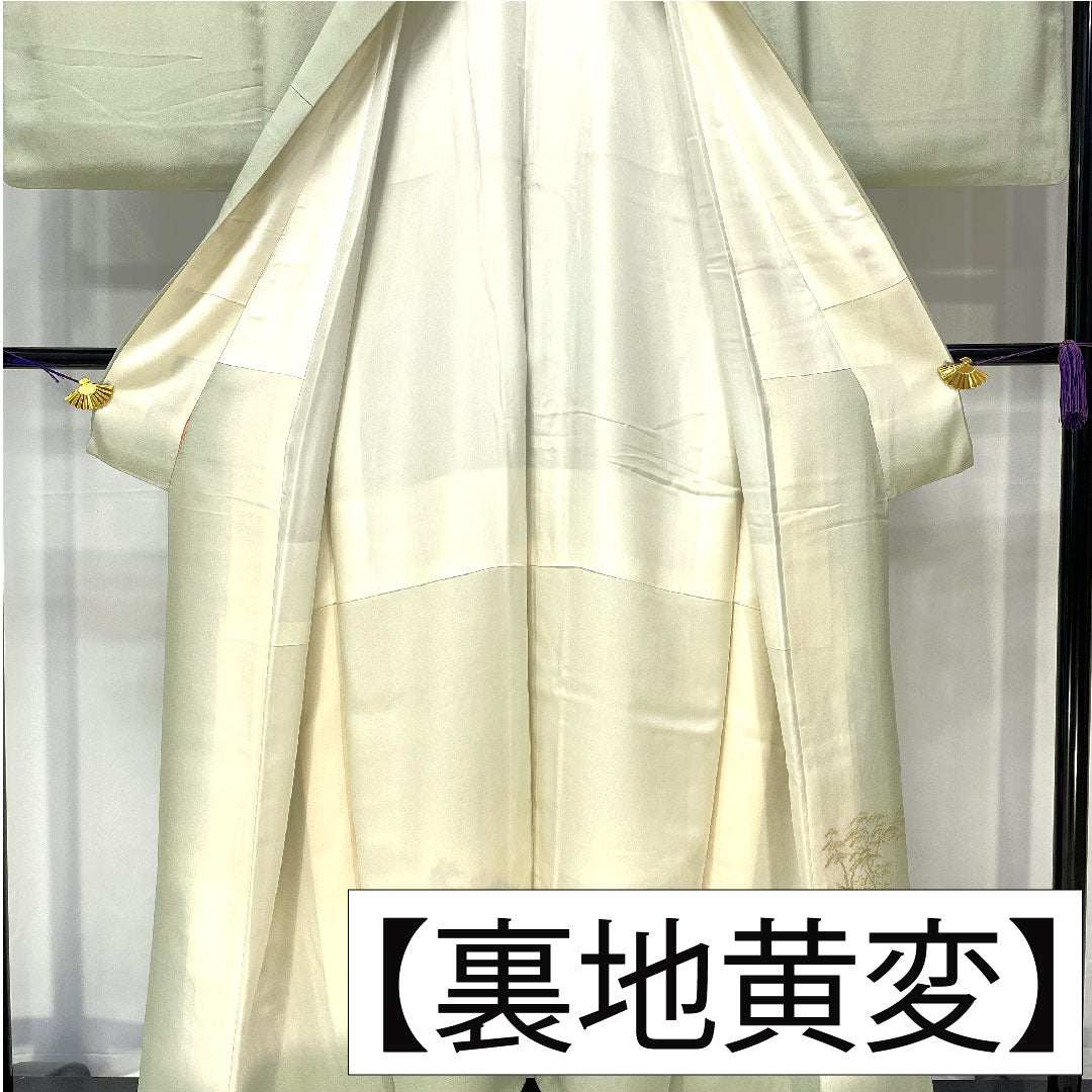 色留袖 正絹 身丈159cm 裄丈63cm 袷 薄緑色(うすみどりいろ) 寿光織 風景模様 一つ紋 Sランク 緑系 1111001702319