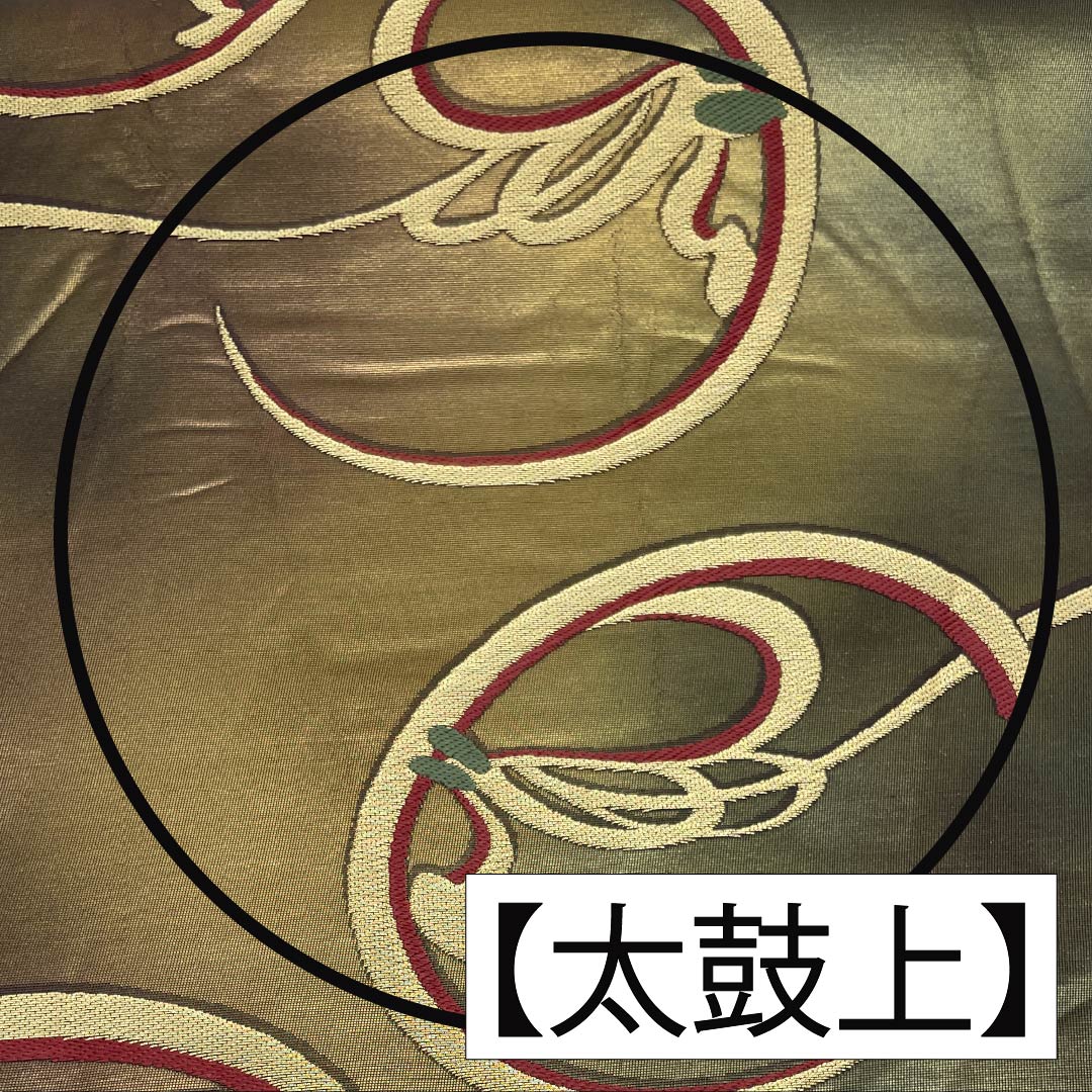 袋帯 正絹 黄橡色(きつるばみいろ) 抽象模様 帯丈432cm Aランク 六通 セミフォーマル 金系 1123012323321