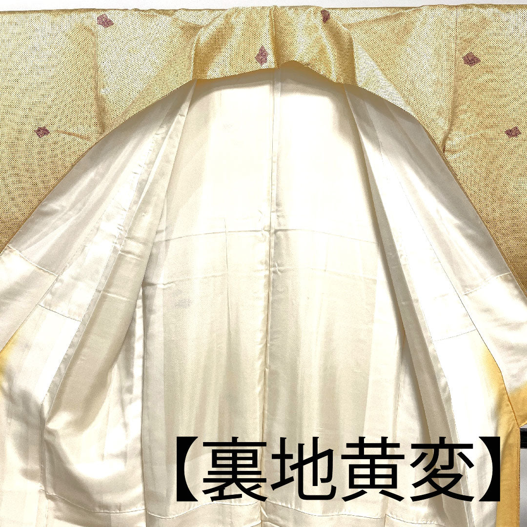 小紋 身丈153cm 裄丈60cm 袷 蜂蜜色 洗える着物 飛び柄 ポリ Aランク 黄系 1115002163223