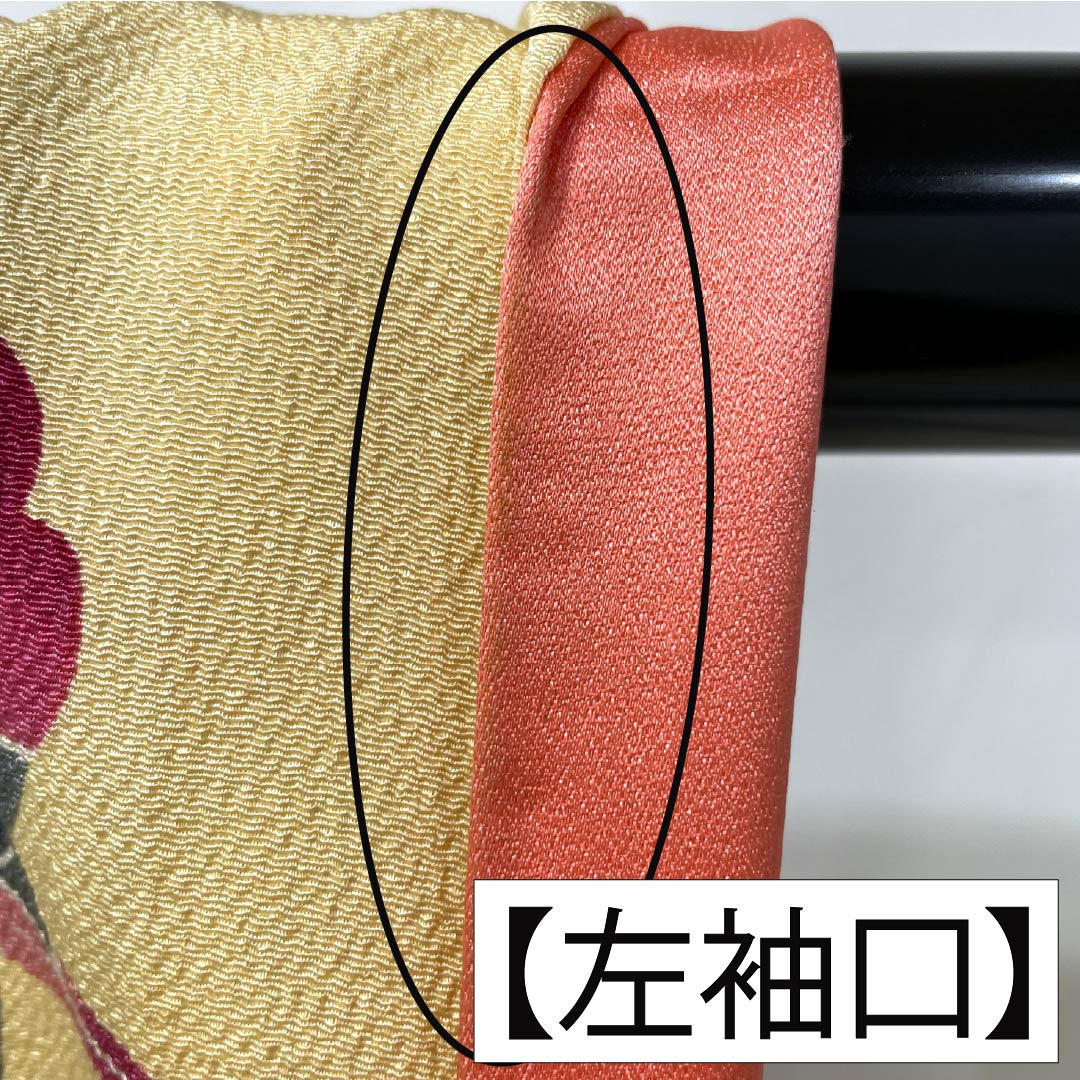 振袖 正絹 Aランク 身丈161cm 裄丈62.5cm 袷 薄柑子色(うすこうじいろ) 京紅型 牡丹 藤 ちりめん地 橙系 1113002403426