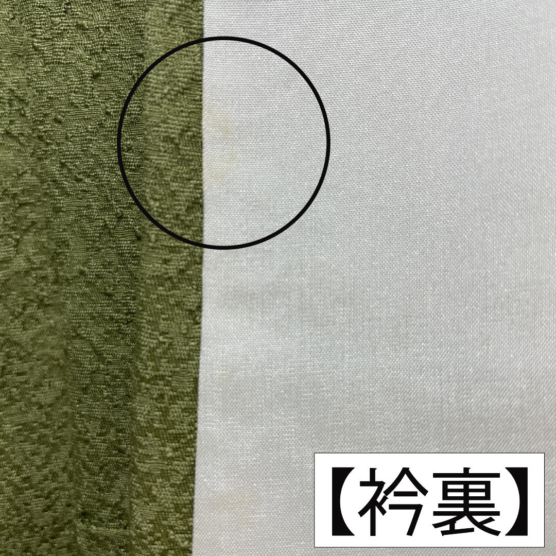 色無地 正絹 身丈157cm 裄丈64cm 柳茶色(やなぎちゃいろ) 一つ紋 蔦 袷 Sランク 緑系 1114001592319