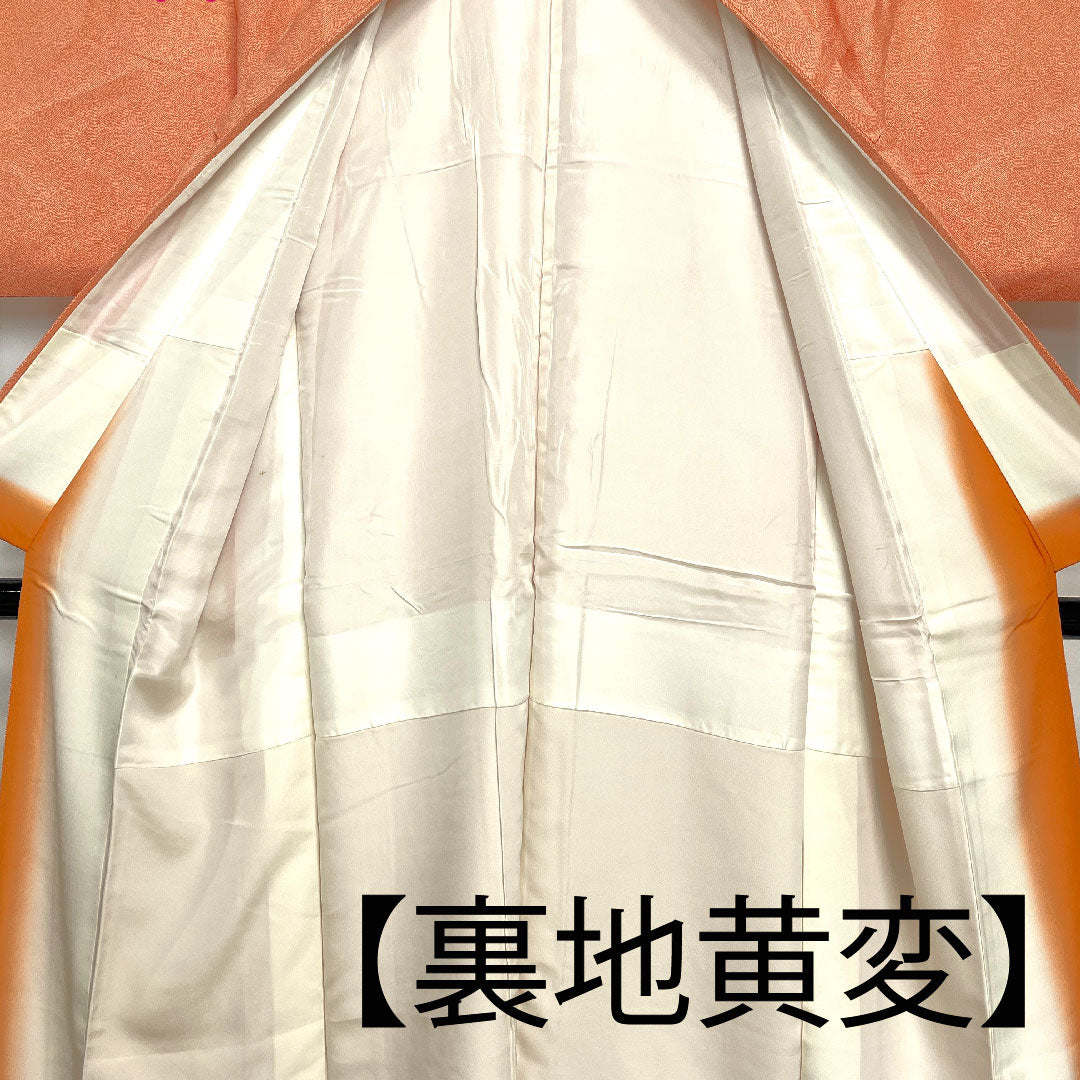 小紋 身丈148cm 裄丈60cm 袷 江戸小紋 流水 鮫 人参色 正絹 Cランク 朱系 1115002145116