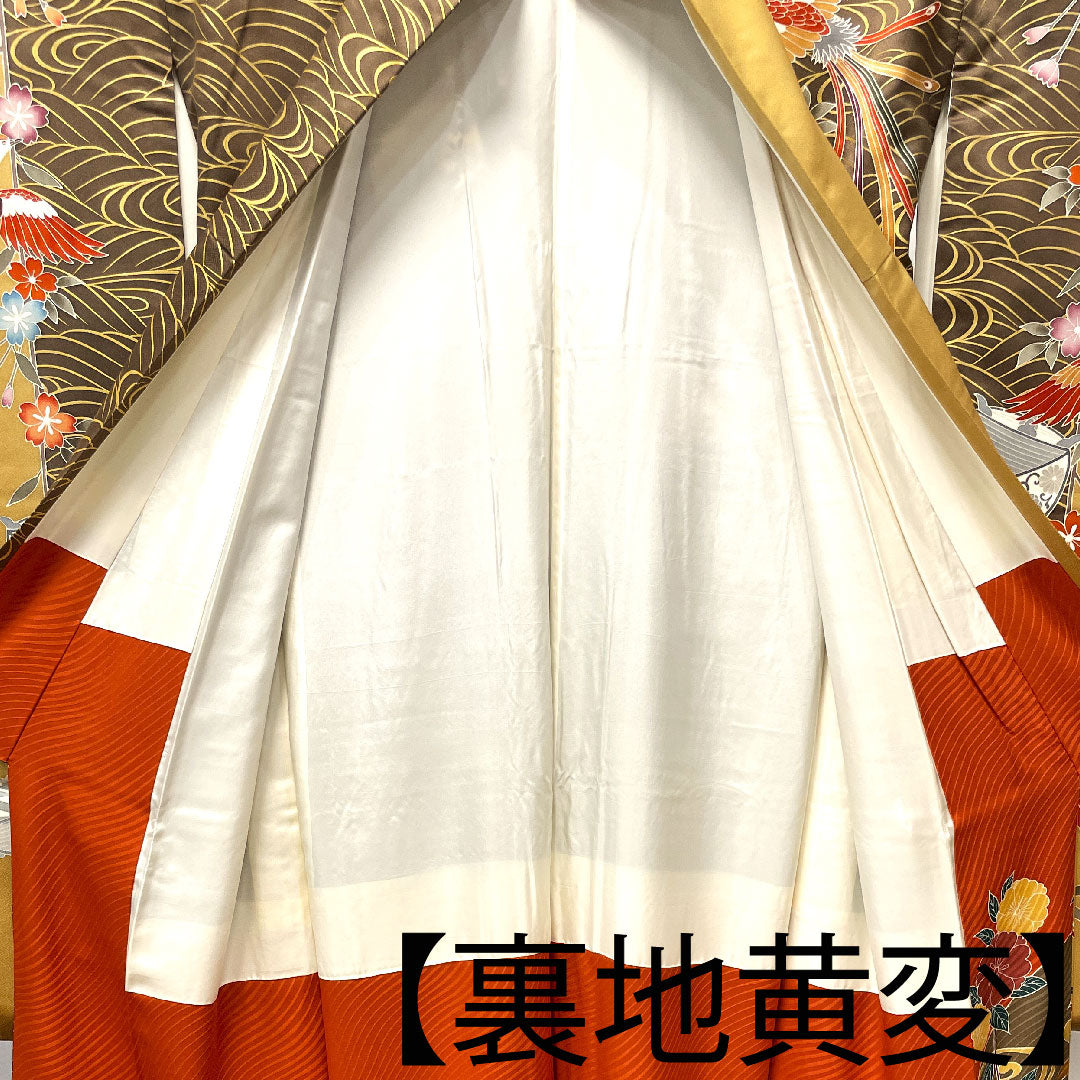 振袖 身丈157.5cm 裄丈65cm 袷 焦げ茶色 京友禅 鳳凰 糸巻き 波 正絹 Aランク 茶系 1113001543314