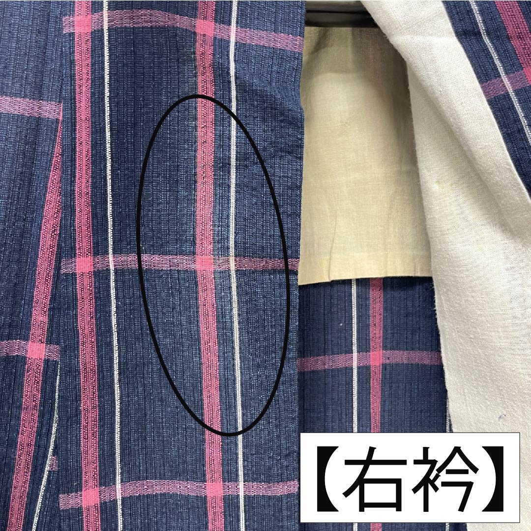 Yukata Cotton Length 154cm Sleeve length 65cm B rank Single layer Navy blue Indian indigo Shijira weave Check pattern 1118005624218