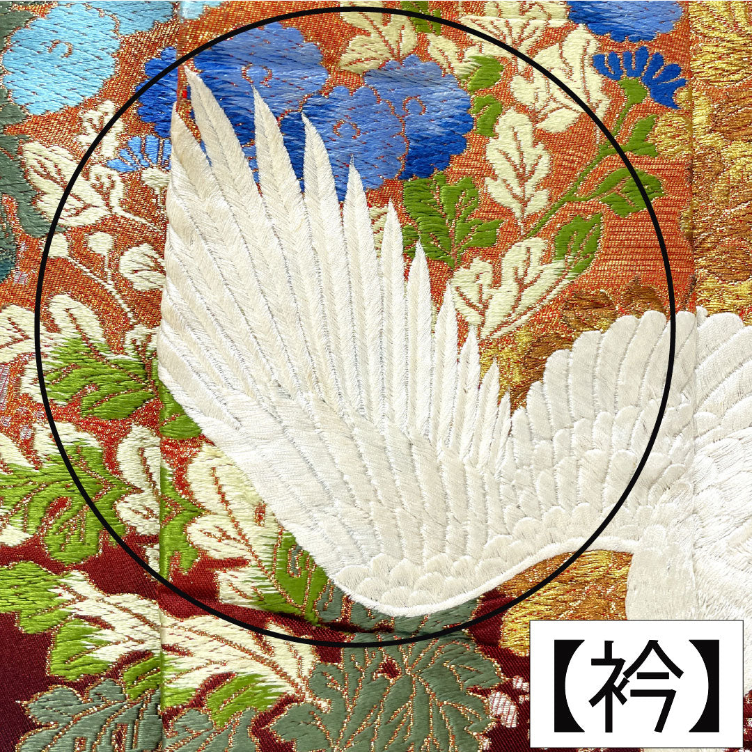 Iro-uchikake (colored kimono) made of pure silk, rank B, length 188cm, sleeve length 65cm, Karaori (traditional Japanese weave) design featuring cranes, imperial carriages, and floral motifs, lined, vermilion, 1110000904916