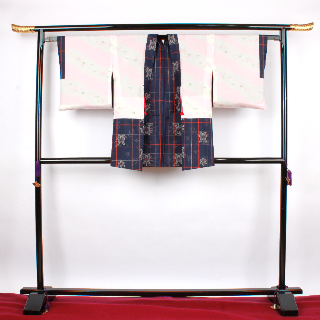 Murayama Oshima Length 160cm Sleeve length 64.5cm Ensemble Lattice Flower pattern Pure silk S rank Awase Navy 1116001932418