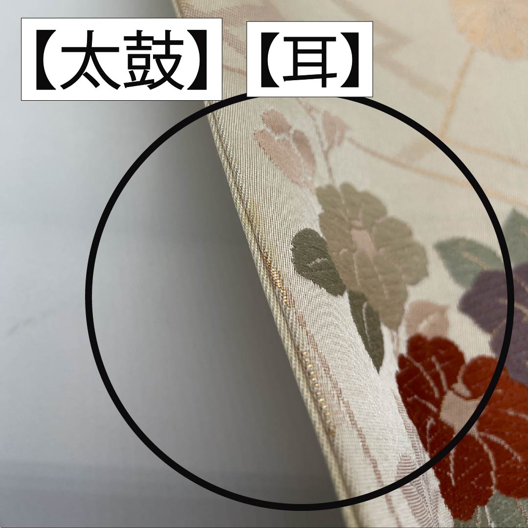 名古屋帯 生成り色(きなりいろ) 扇面 菊 椿 帯丈351cm 正絹 Bランク 六通 セミフォーマル クリーム系 1124008924315 名古屋仕立て
