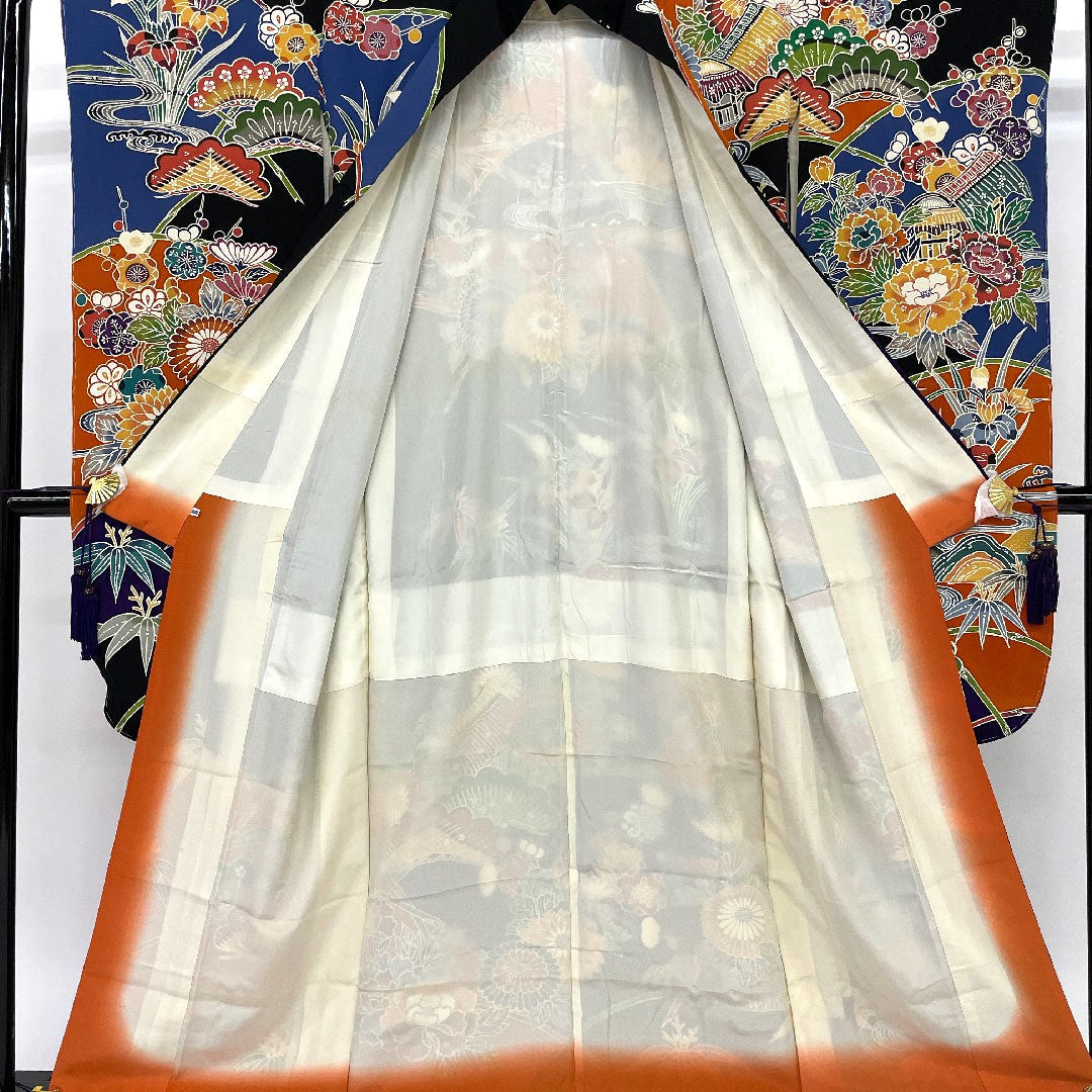振袖 身丈160cm 裄丈68cm 袷 京紅型 松竹梅 正絹 Aランク 黒系 1113000363410